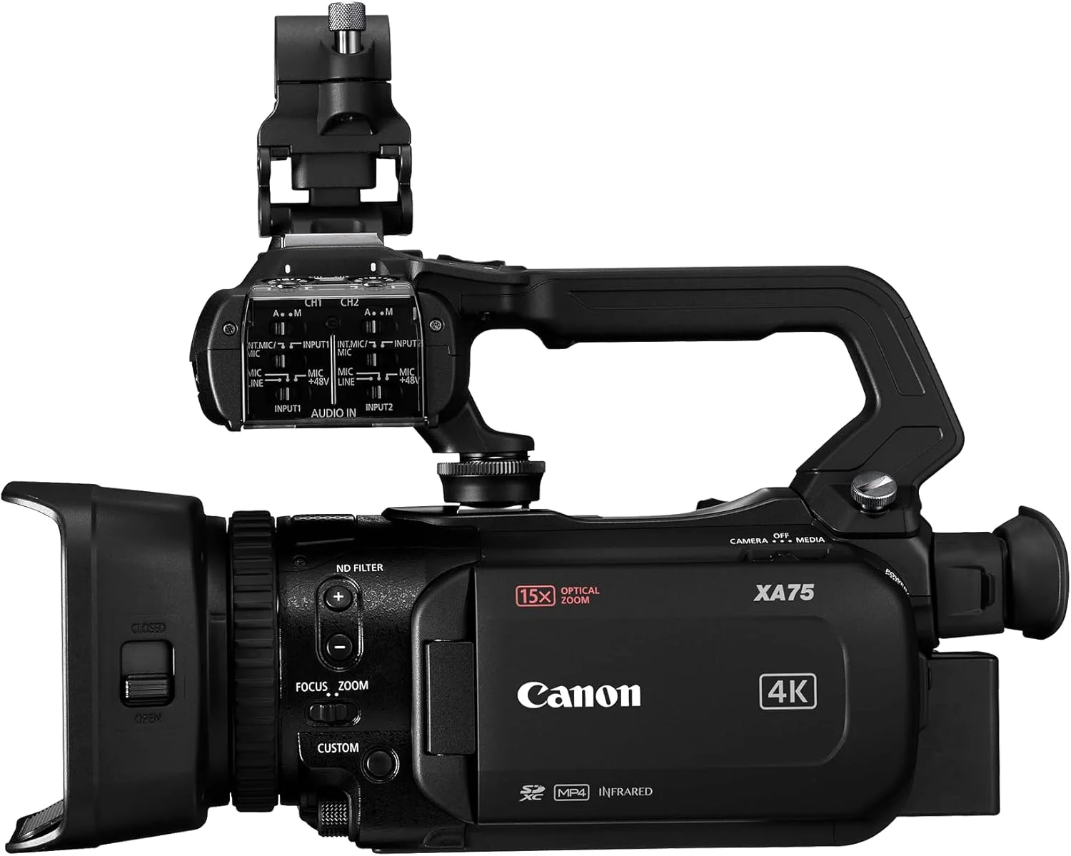 بسته دوربین فیلمبرداری حرفه ای Canon XA75 به همراه باتری BP-828، فیلمبرداری 4K UHD، استریم با UVC، لنز زوم اپتیکال 15x 4K، ترمینال 3G SDI و XLR، ضبط مهر زمانی OSD، مشکی