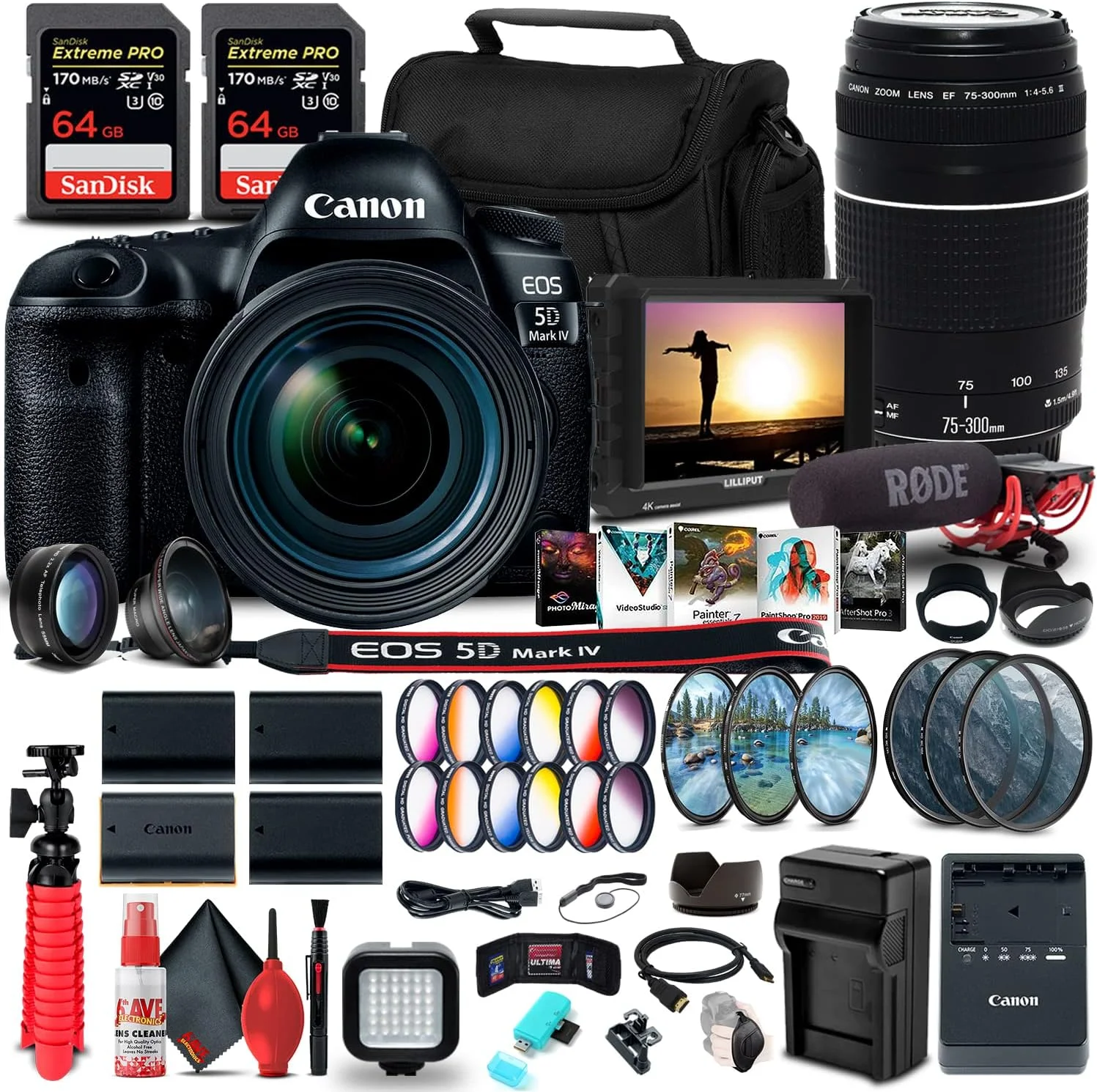دوربین DSLR کانن EOS 5D Mark IV با لنز 24-70 میلی‌متری f/4L (1483C018) + لنز کانن EF 75-300mm f/4-5.6 III (6473A003) + مانیتور 4K + میکروفون حرفه‌ای + 2 عدد کارت حافظه 64 گیگابایتی + کیت فیلتر رنگی + موارد دیگر (بازسازی شده)