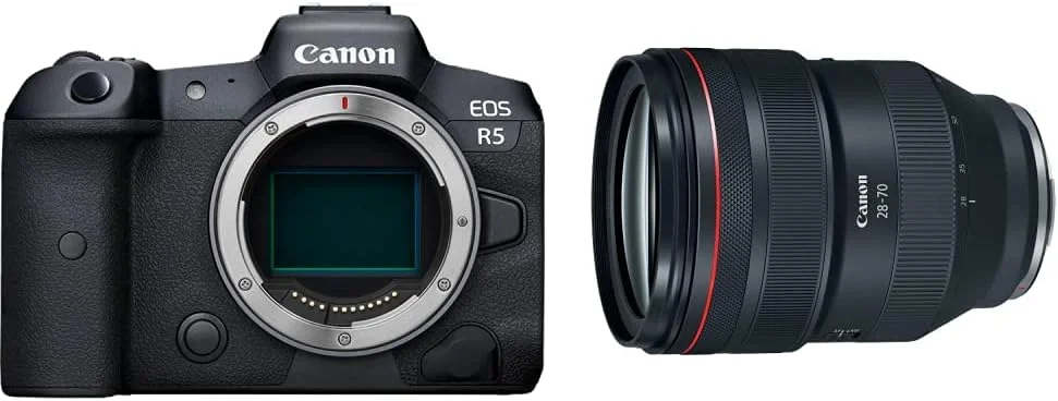 دوربین بدون آینه فول فریم Canon EOS R5 - فیلمبرداری 8K، سنسور CMOS فول فریم 45 مگاپیکسلی، پردازنده تصویر DIGIC X، شاتر مکانیکی تا 12 فریم در ثانیه (فقط بدنه) با لنز RF 28-70mm f/2L USM