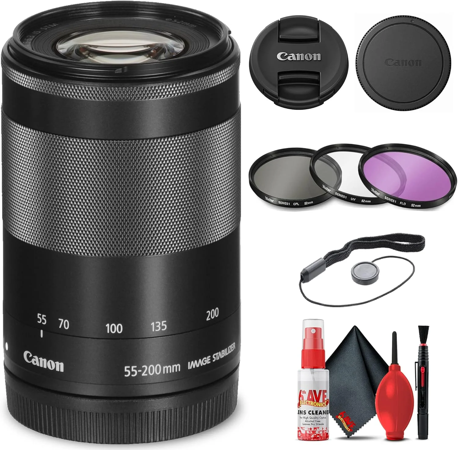 لنز کانن EF-M 55-200mm f/4.5-6.3 IS STM (مشکی) (9517B002) + کیت فیلتر + نگهدارنده درب لنز + کیت تمیز کننده + موارد دیگر (بازسازی شده)