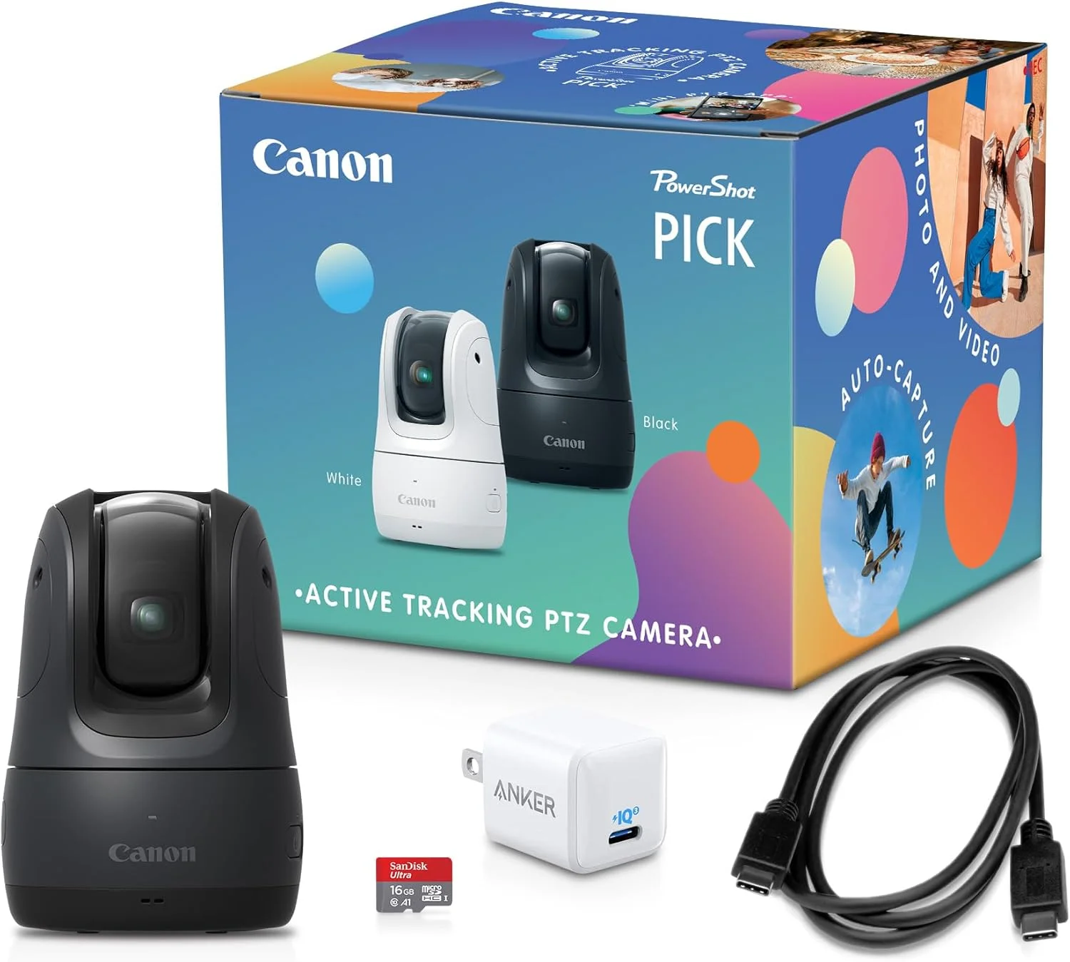 دوربین PTZ با ردیابی فعال Canon PowerShot Pick (مشکی) - دارای Wi-Fi داخلی، شارژ USB-C، عملکرد فعال‌شده با صدا، ردیابی خودکار سوژه، عکس‌برداری و پخش از راه دور، قابل حمل و سبک