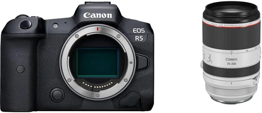 دوربین بدون آینه فول فریم Canon EOS R5 - فیلمبرداری 8K، سنسور CMOS فول فریم 45 مگاپیکسلی، پردازنده تصویر DIGIC X، شاتر مکانیکی تا 12 فریم در ثانیه (فقط بدنه) با لنز RF 70-200mm F2.8 L IS USM