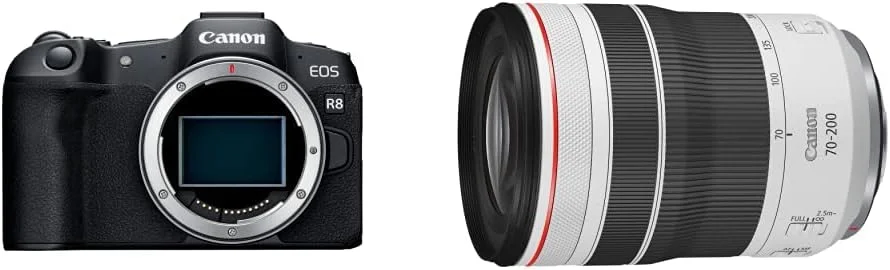 دوربین بدون آینه فول فریم Canon EOS R8 (فقط بدنه)، مانت RF، 24.2 مگاپیکسل، فیلمبرداری 4K، پردازنده تصویر DIGIC X، تشخیص و ردیابی سوژه، جمع و جور، و لنز RF70-200mm F4 L is USM (4318C002)
