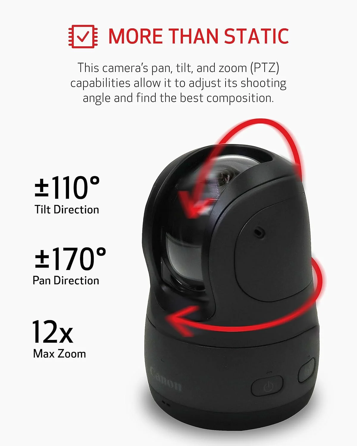 دوربین PTZ با ردیابی فعال Canon PowerShot Pick (مشکی) - دارای Wi-Fi داخلی، شارژ USB-C، عملکرد فعال‌شده با صدا، ردیابی خودکار سوژه، عکس‌برداری و پخش از راه دور، قابل حمل و سبک