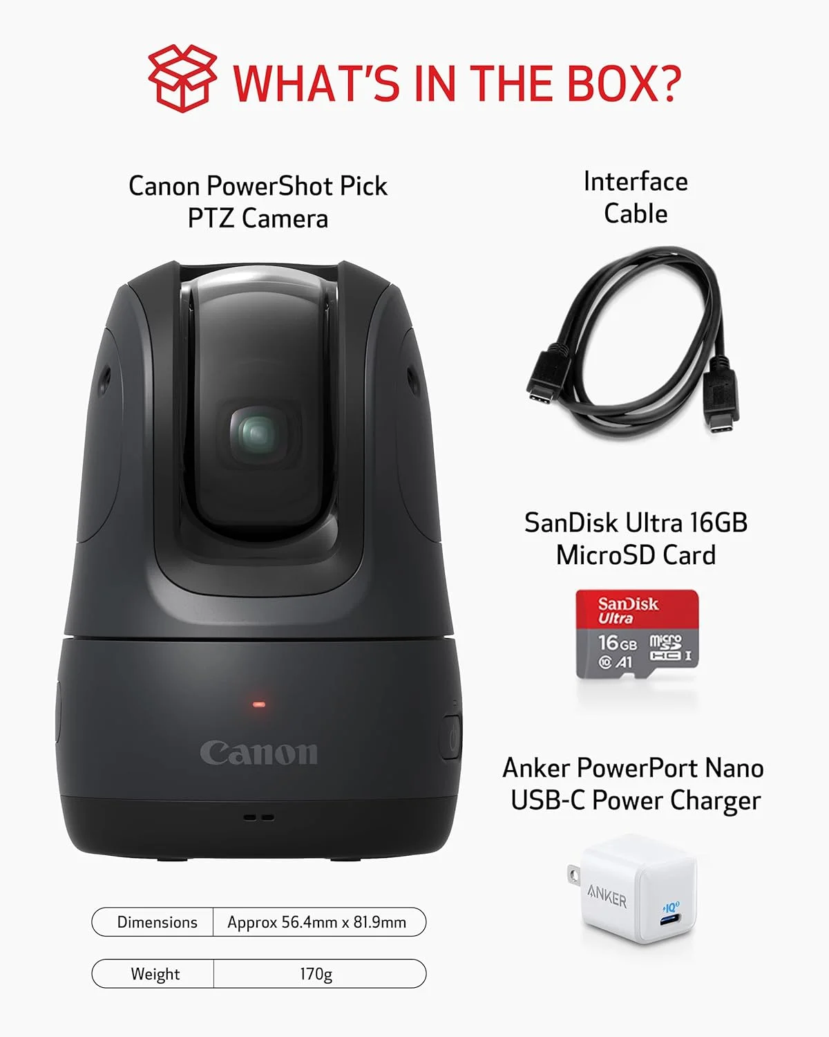 دوربین PTZ با ردیابی فعال Canon PowerShot Pick (مشکی) - دارای Wi-Fi داخلی، شارژ USB-C، عملکرد فعال‌شده با صدا، ردیابی خودکار سوژه، عکس‌برداری و پخش از راه دور، قابل حمل و سبک