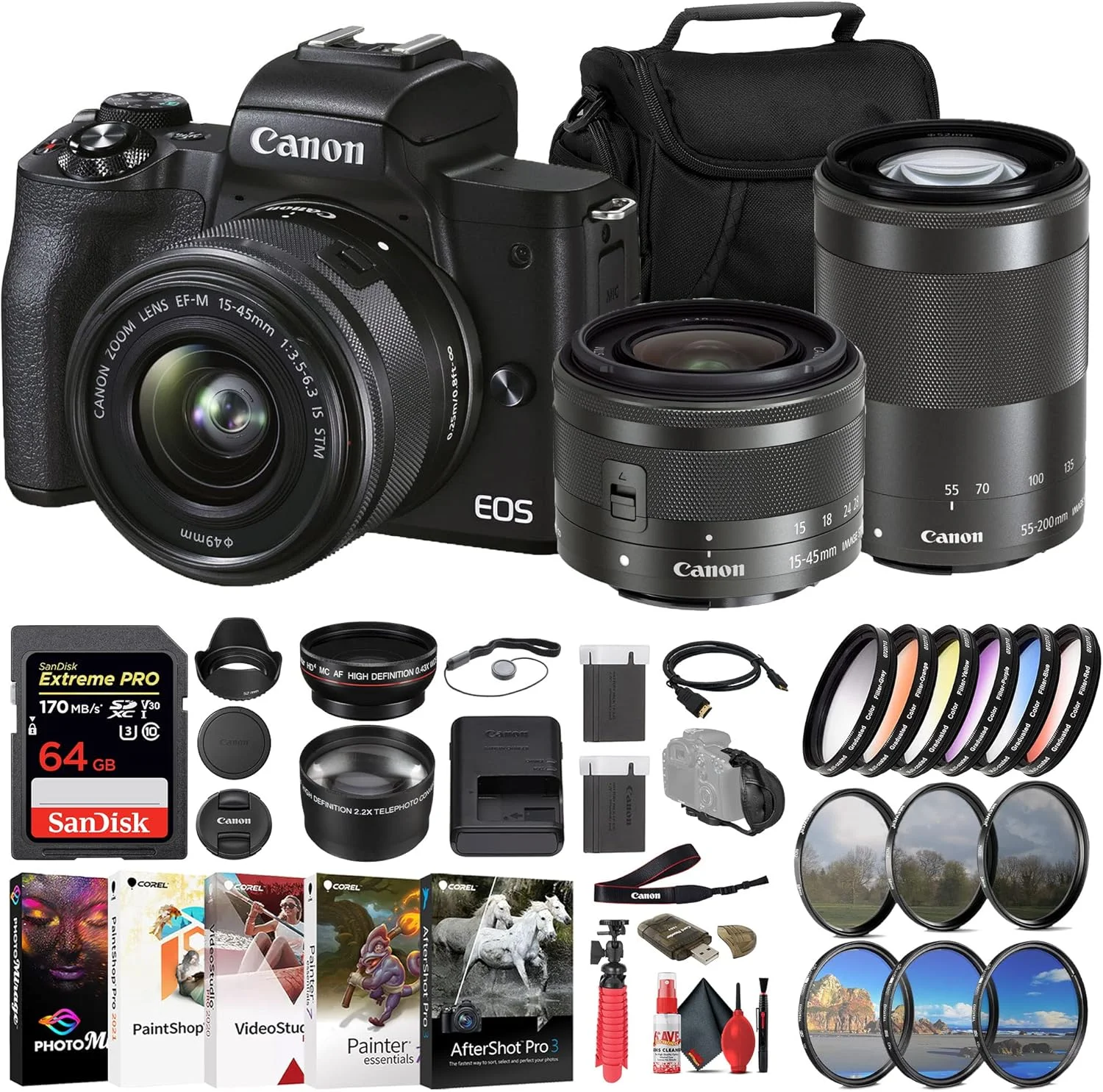 دوربین بدون آینه کانن EOS M50 Mark II با لنزهای 15-45 میلی‌متر و 55-200 میلی‌متر (مشکی) (4728C014) + کارت حافظه 64 گیگابایتی + کیت فیلتر رنگی + کیت فیلتر + شارژر + باتری LPE12 + لنز واید انگل + سایر موارد (تجدید شده)