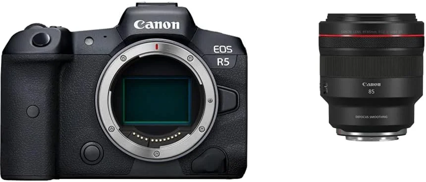 دوربین بدون آینه فول فریم Canon EOS R5 - فیلمبرداری 8K، سنسور CMOS فول فریم 45 مگاپیکسلی، پردازنده تصویر DIGIC X، شاتر مکانیکی تا 12 فریم در ثانیه (فقط بدنه) با لنز Rf 85mm F1.2 L USM Ds