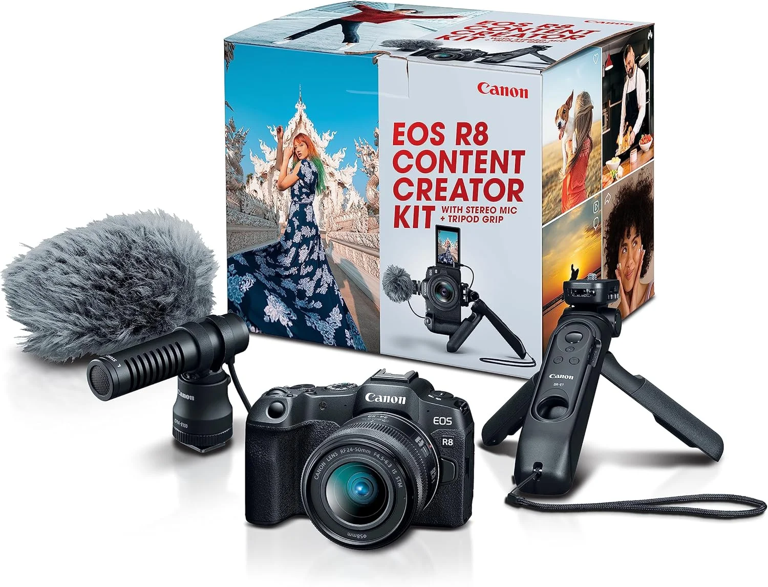 کیت تولید محتوای دوربین بدون آینه فول فریم Canon EOS R8، به همراه سه پایه و میکروفون استریو، سنسور تصویر CMOS 24.2 مگاپیکسلی، فیلمبرداری 4K، مانت RF، دوربین ولاگینگ، مشکی (تجدید شده)