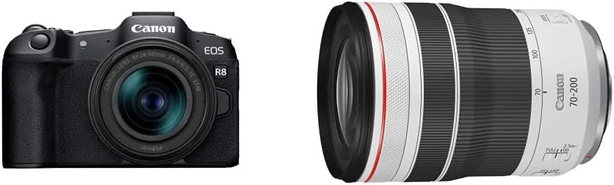 دوربین بدون آینه فول فریم Canon EOS R8 با لنز RF24-50mm F4.5-6.3 IS STM، 24.2 مگاپیکسل، فیلمبرداری 4K، پردازنده تصویر DIGIC X، تشخیص و ردیابی سوژه، جمع و جور و RF70-200mm F4 L IS USM (4318C002)