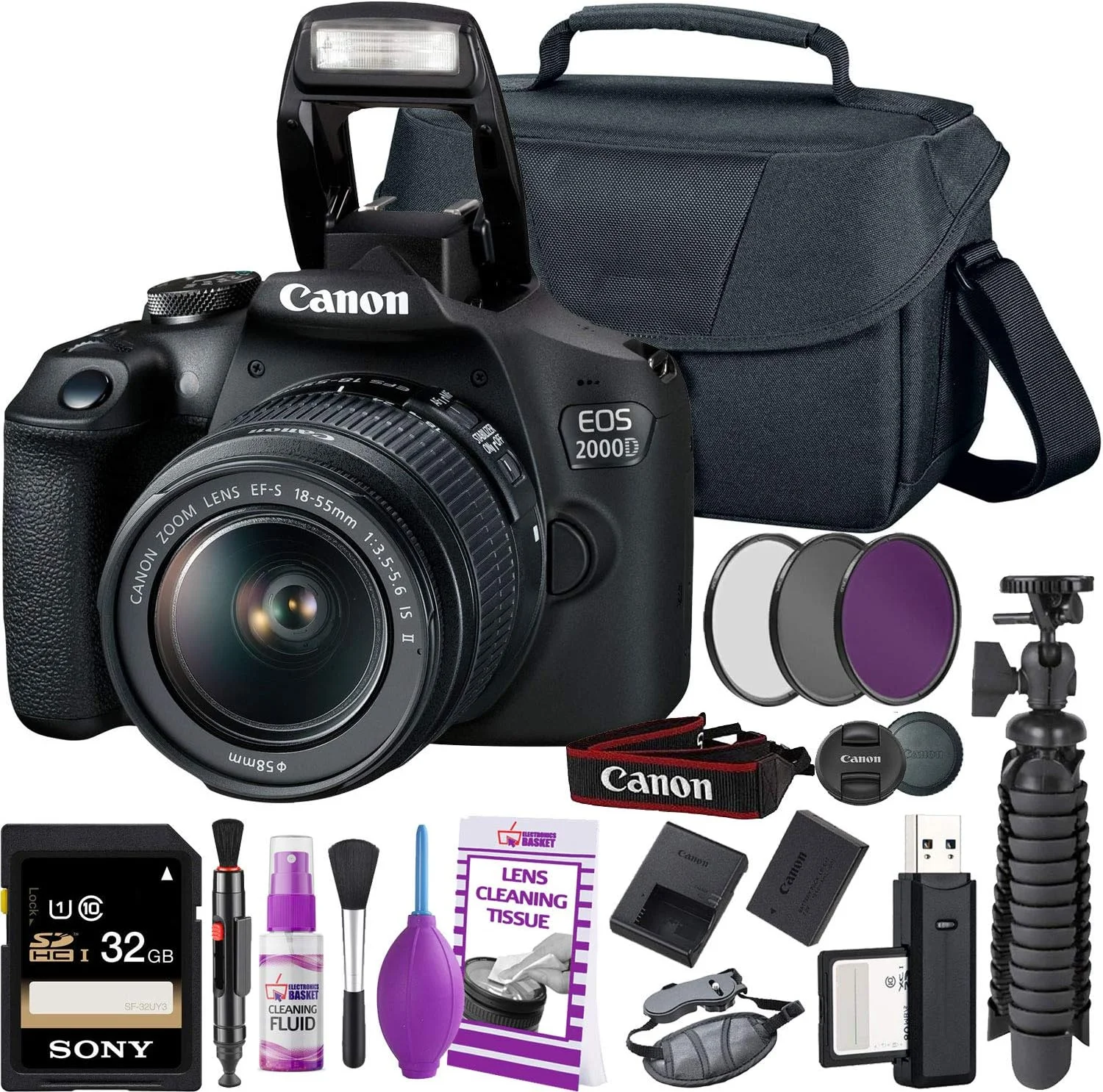 دوربین DSLR کانن مدل Rebel T7 (2000D) با لنز EF-S 18-55 میلی‌متری f/3.5-5.6 + کارت حافظه 32 گیگابایتی + کیف دوربین + کیت تمیز کننده + سه پایه رومیزی + فیلترها (بازسازی شده)