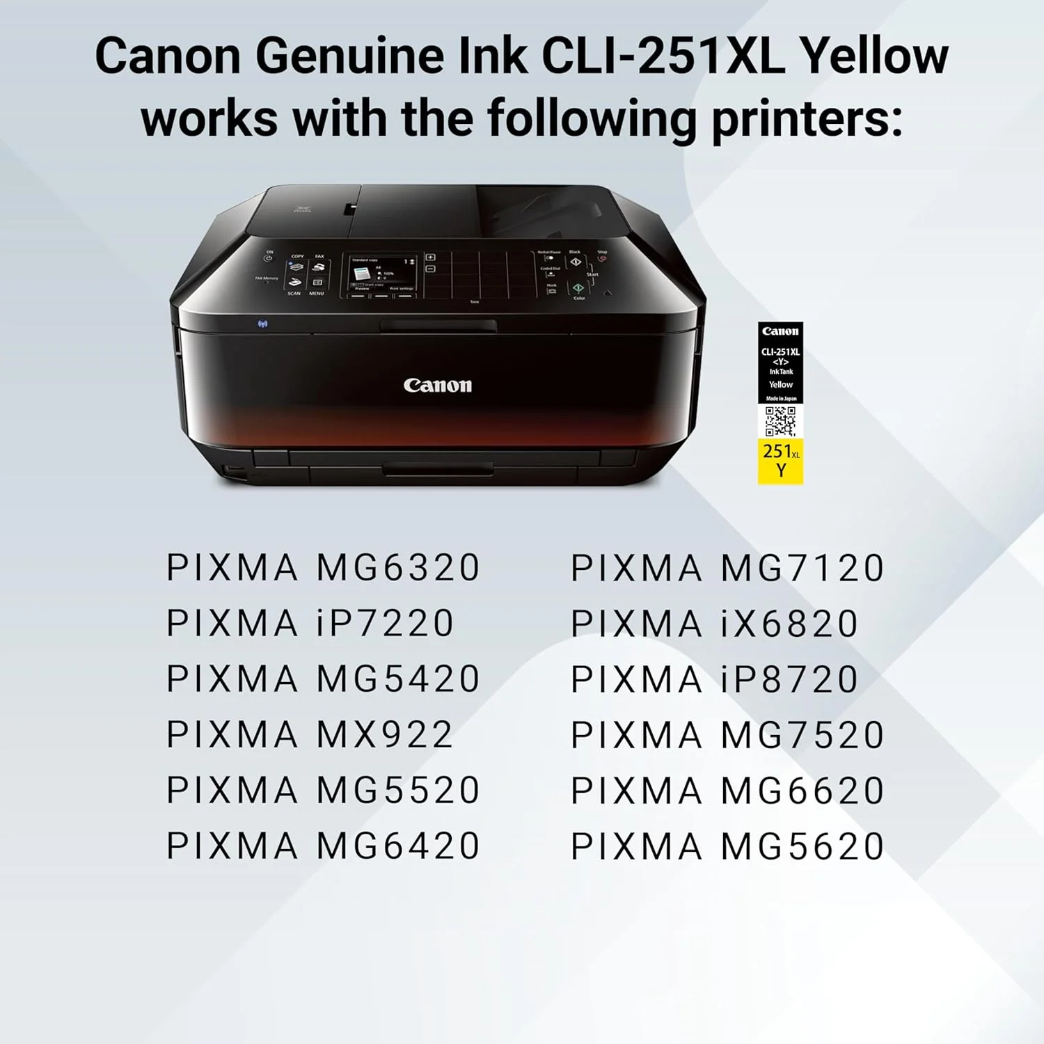 مخزن جوهر زرد اصلی Canon CLI-251XL، سازگار با پرینترهای MG6320، IP7220 و MG5420، MX922، MG5520، MG6420، MG7120، iX6820، iP8720، MG7520، MG6620 و MG5620