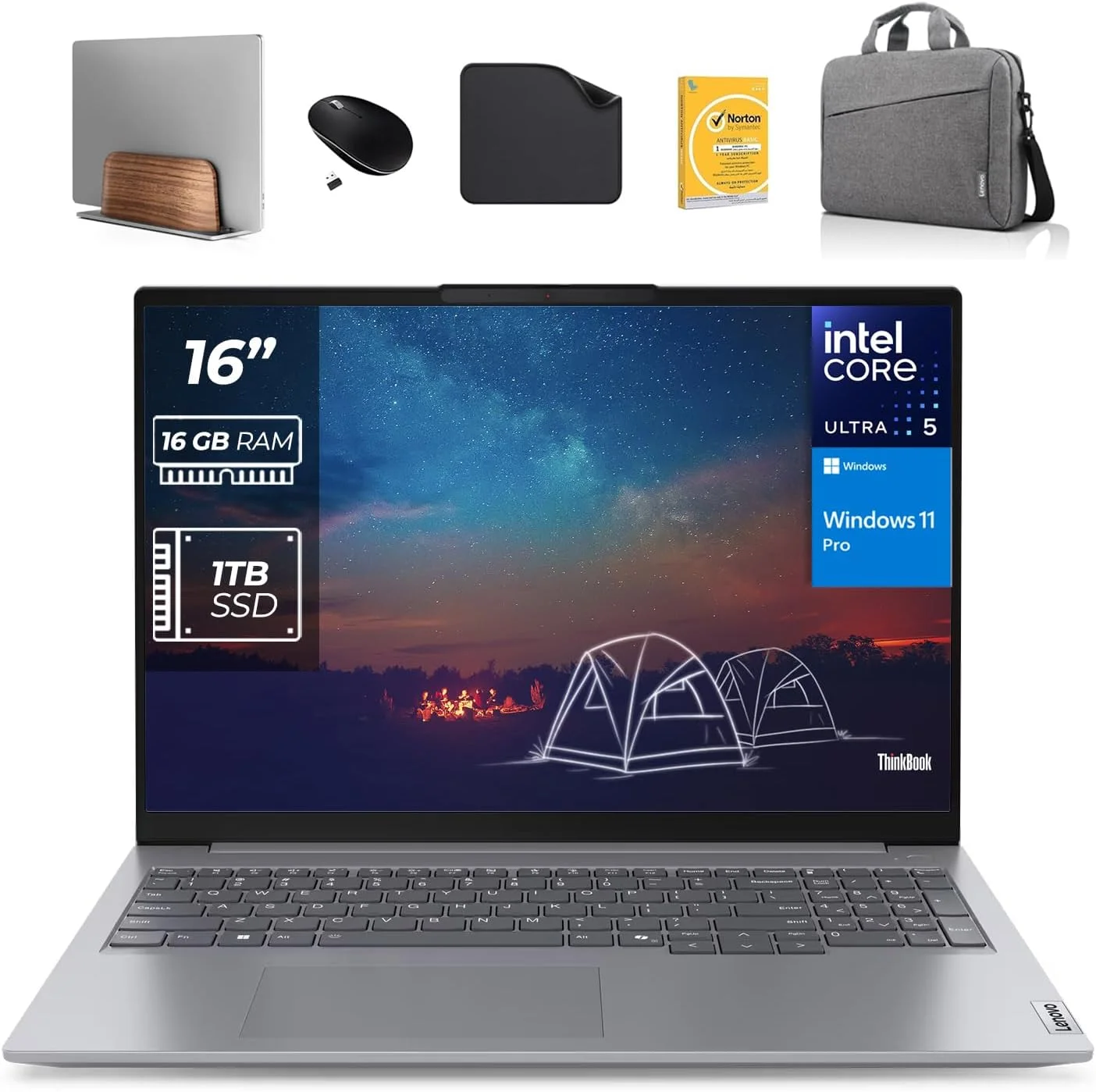 لپ تاپ تجاری لنوو ThinkBook 16 G7 - اینتل Ultra 5-125U، ویندوز 11 پرو، وای فای 6، بلوتوث 5.2، وب کم HD (شامل پایه لپ تاپ + کیف + ماوس بی سیم + آنتی ویروس + پد ماوس) (16 گیگابایت رم | 1 ترابایت SSD)