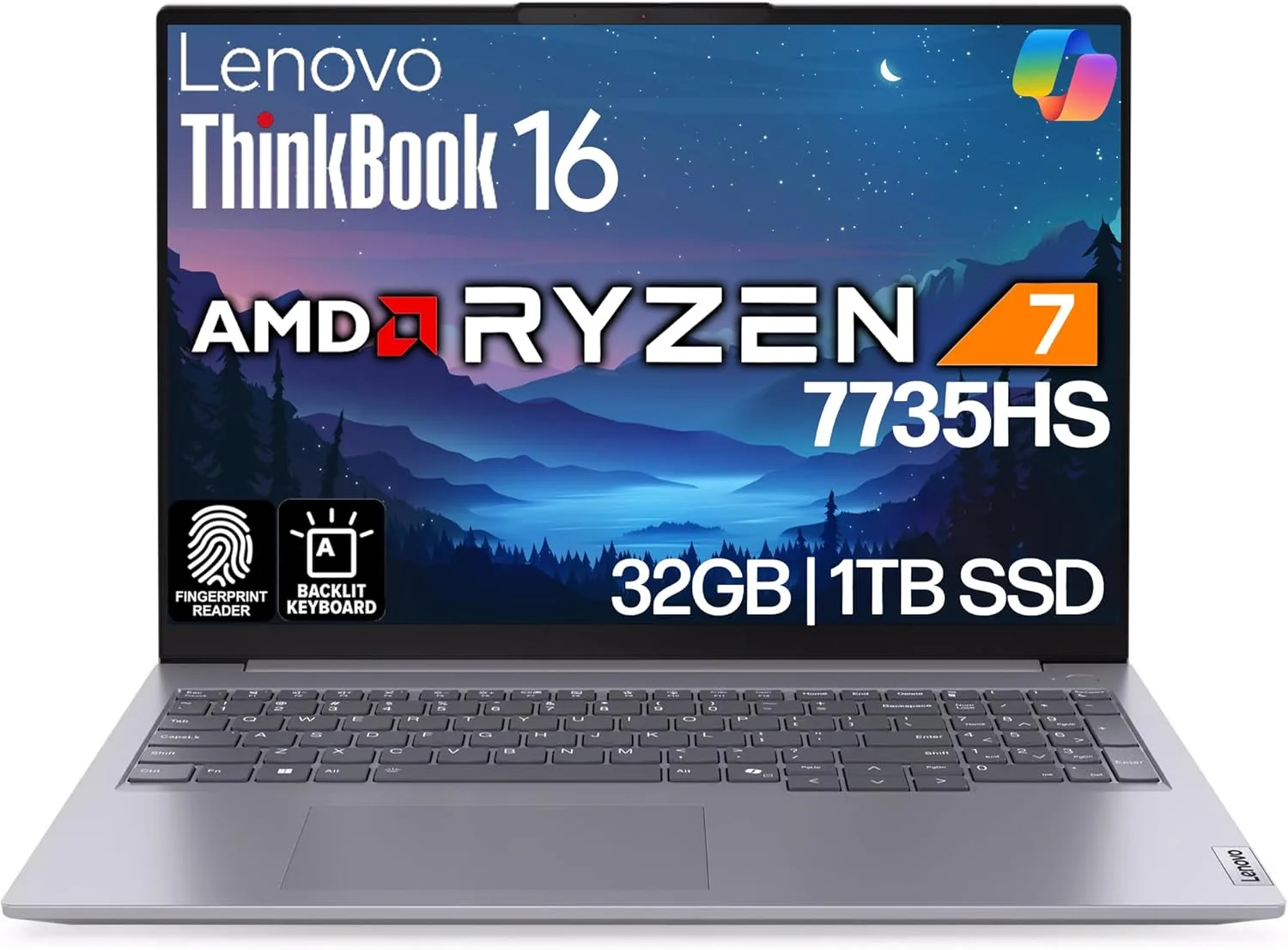 لپ تاپ تجاری لنوو ThinkBook 16 G7، صفحه نمایش 16 اینچی FHD+، پردازنده AMD Ryzen 7 7735HS، رم 32 گیگابایتی DDR5، حافظه 1 ترابایتی NVMe، وای فای 6E + بلوتوث، کیبورد با نور پس زمینه، حسگر اثر انگشت، وب کم HD، ویندوز 11 پرو