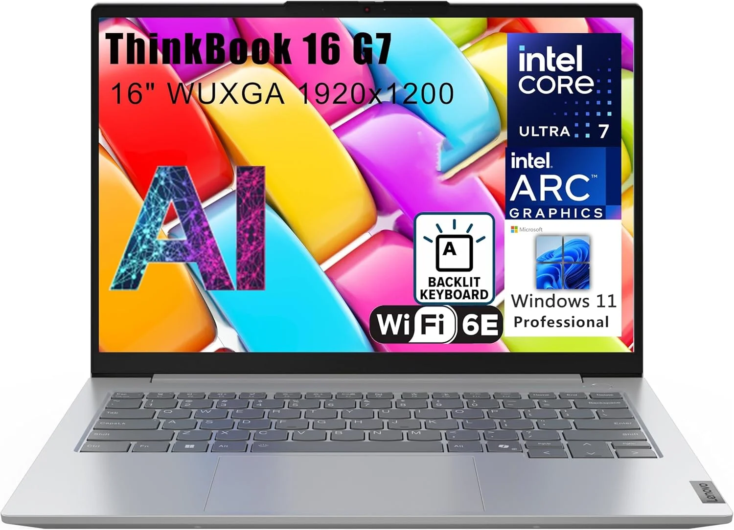 لپ تاپ لنوو ThinkBook 16 G7 با صفحه نمایش 16 اینچی FHD+، پردازنده Intel Ultra 7 155H (بهتر از i7-13705H)، گرافیک Arc، رم 32 گیگابایتی DDR5، حافظه SSD 1 ترابایتی PCIe، وای فای 6E، کیبورد با نور پس زمینه، ویندوز 11 پرو Copilot AI، لپ تاپ تجاری Vent-HEA
