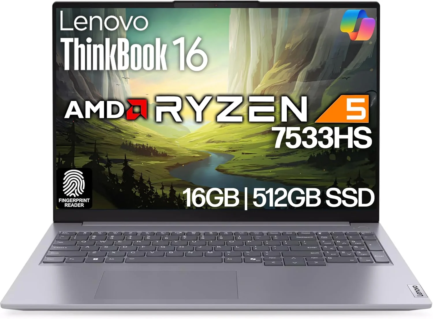 لپ تاپ تجاری لنوو ThinkBook 16 G7، صفحه نمایش 16 اینچی FHD+، پردازنده AMD Ryzen 5 7533HS، رم 16 گیگابایتی DDR5، حافظه 512 گیگابایتی NVMe، وای فای 6 + بلوتوث، RJ-45، HDMI، حسگر اثر انگشت، وب کم HD، ویندوز 11 پرو