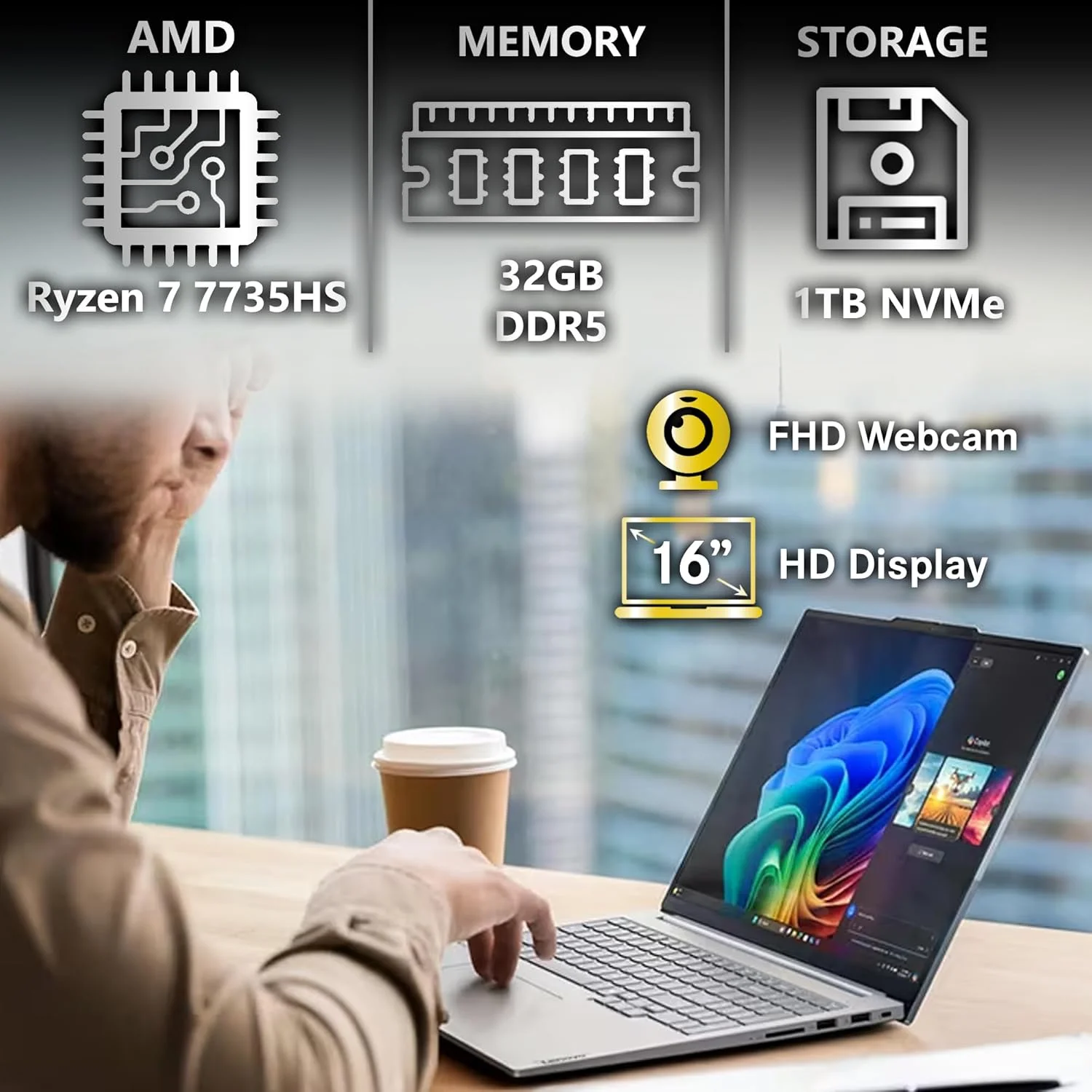 لپ تاپ تجاری لنوو ThinkBook 16 G7، صفحه نمایش 16 اینچی FHD+، پردازنده AMD Ryzen 7 7735HS، رم 32 گیگابایتی DDR5، حافظه 1 ترابایتی NVMe، وای فای 6E + بلوتوث، کیبورد با نور پس زمینه، حسگر اثر انگشت، وب کم HD، ویندوز 11 پرو