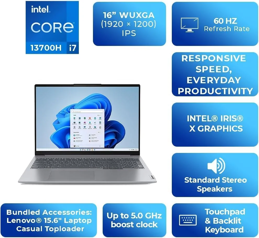 لنوو ThinkBook 16 G6 IRL | صفحه نمایش 16 اینچی WUXGA IPS 120Hz | پردازنده Intel Core i7-13700H کارت گرافیک Intel Iris Xe | کیبورد با نور پس زمینه | Wi-Fi 6 | ویندوز 11 پرو (ارتقا یافته) خاکستری قطبی (21KH005LEV 16GB 1TB)