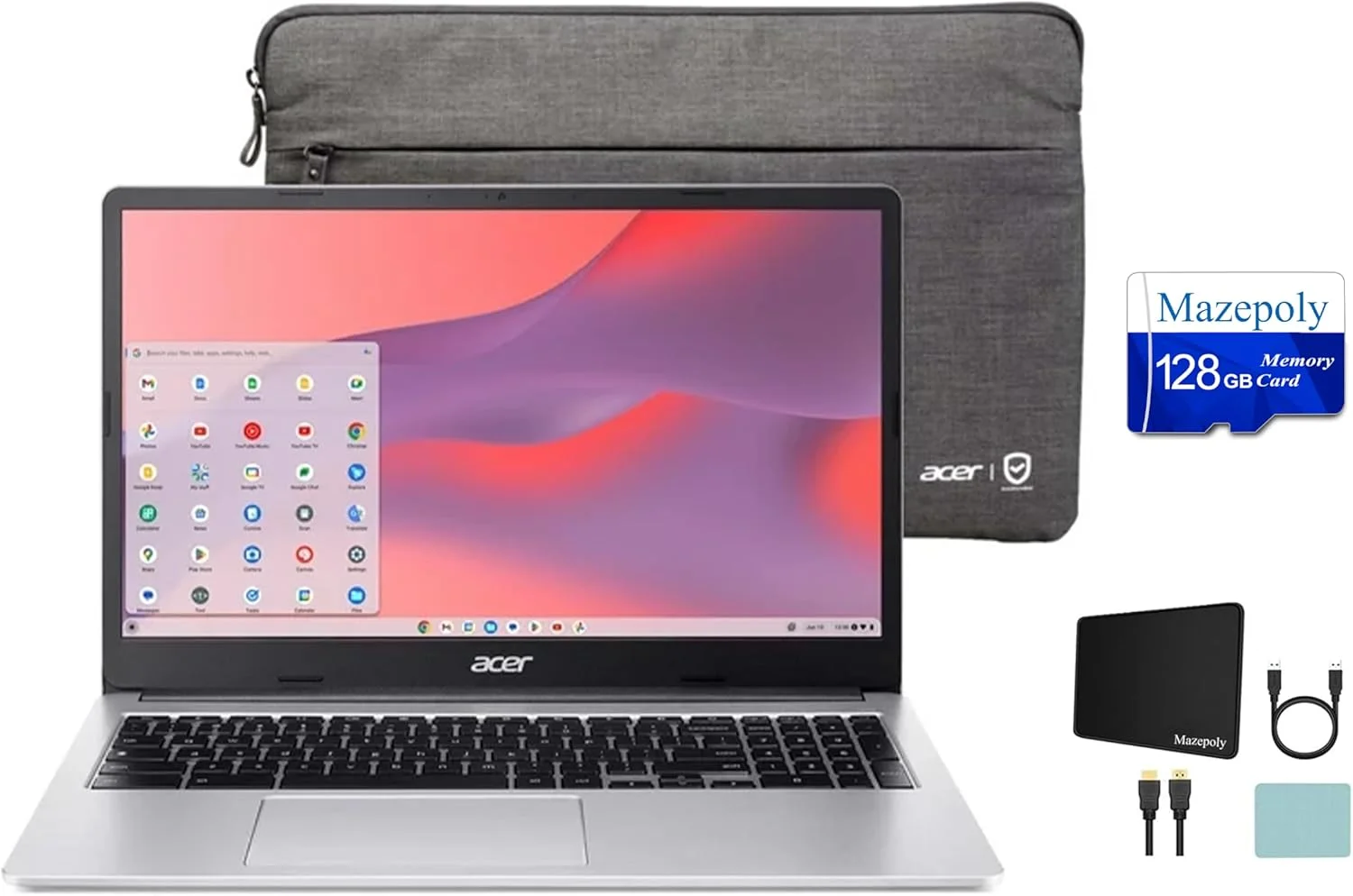 لپ تاپ Acer Chromebook 315 (2023)، صفحه نمایش 15.6 اینچی FHD IPS، پردازنده Intel Celeron N4500، رم 4 گیگابایتی، حافظه 64 گیگابایتی eMMC، نقره ای خالص، سیستم عامل Chrome، Wi-Fi 6، آستین محافظ همراه + لوازم جانبی
