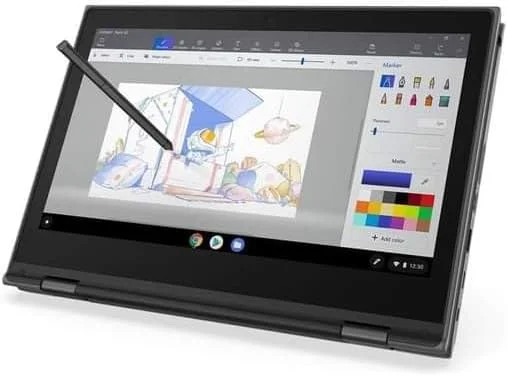 لپ تاپ 2 در 1 کروم بوک 500e L-eno.vo با [ قلم - استایلوس ] صفحه لمسی 11.6 اینچی HD، پردازنده Intel Celeron N3450، رم 4 گیگابایتی، وب کم 32 گیگابایتی eMMc، سیستم عامل Chrome [بازسازی شده]