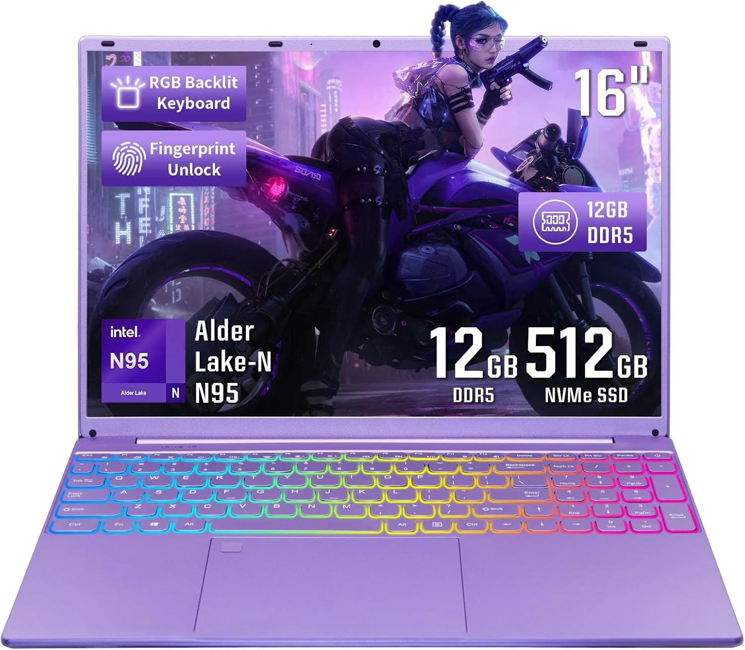 لپ تاپ بنفش BINTEC، صفحه نمایش 16 اینچی FHD IPS با حاشیه باریک، پردازنده Celeron N95 تا 3.4 گیگاهرتز، 12 گیگابایت DDR5، لپ تاپ ویندوز 11 با چهار هسته، صفحه کلید با نور پس زمینه رنگی/باز کردن قفل اثر انگشت/USB/بلوتوث بنفش/512 گیگابایت