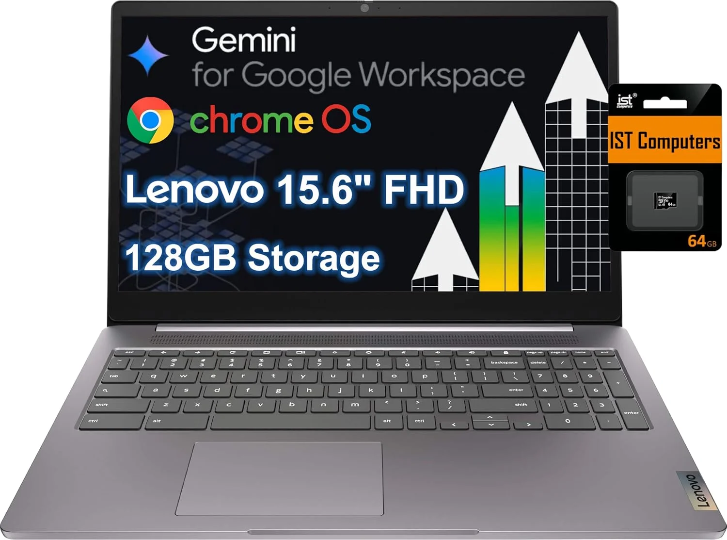 لنوو Chromebook 15 مدل 2024 (صفحه نمایش 15.6 اینچی FHD، رم 4 گیگابایتی، حافظه 128 گیگابایتی (64 گیگابایت eMMC + کارت SD 64 گیگابایتی)، 2 ترابایت فضای ذخیره سازی ابری، پردازنده Intel Celeron)، لپ تاپ خانگی و دانشجویی، وب کم، عمر باتری طولانی 10 ساعته، Wi-Fi 6، سیستم عامل Chrome