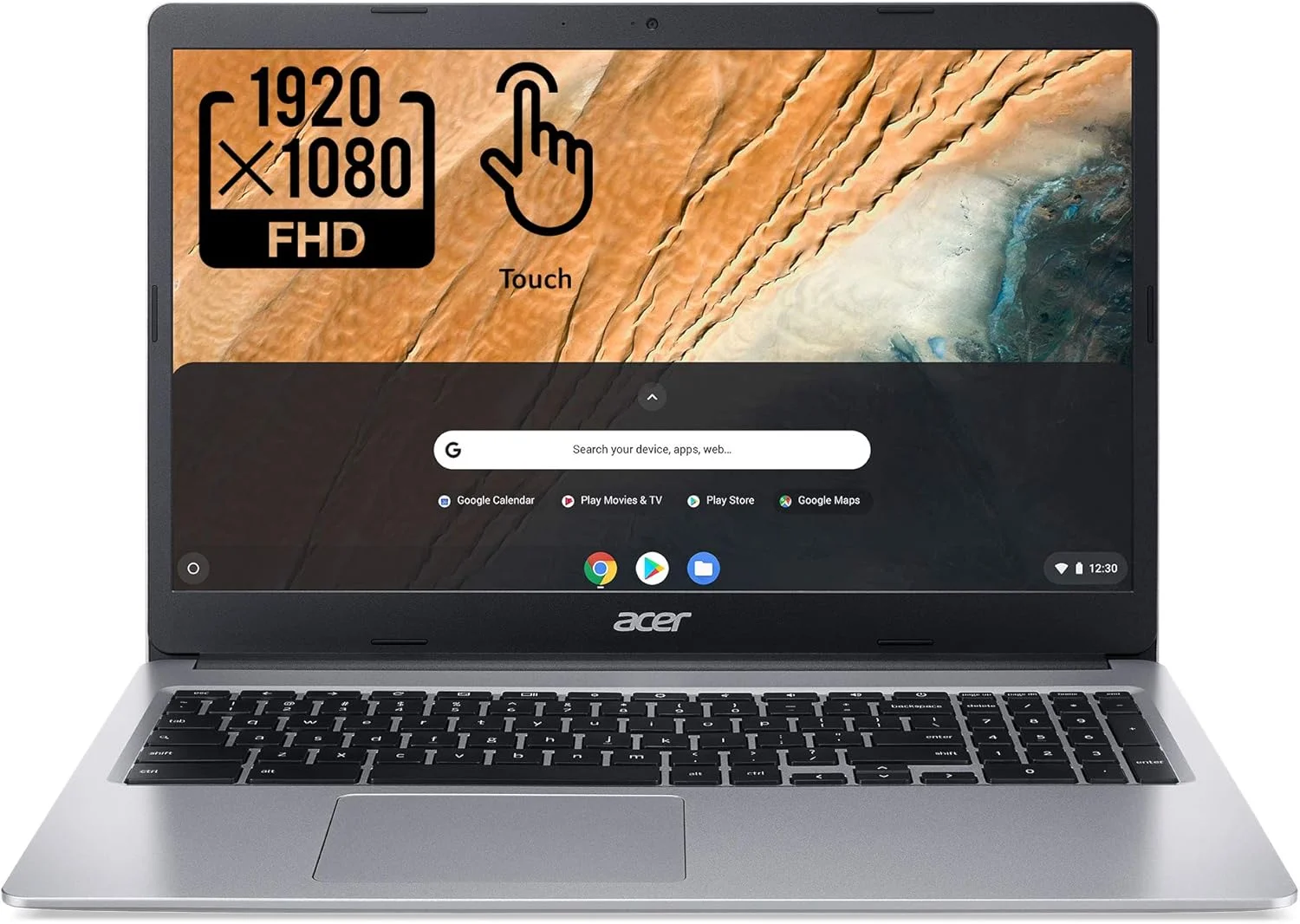 لپ تاپ لمسی Acer Chromebook 315 مدل 2020 با صفحه نمایش 15.6 اینچی Full HD 1080p IPS، پردازنده دو هسته ای Intel Celeron N4020، رم 4 گیگابایتی DDR4، حافظه 64 گیگابایتی eMMC، وب کم، وای فای، عمر باتری 12 ساعته، سیستم عامل Chrome، خاکستری پلاتینی