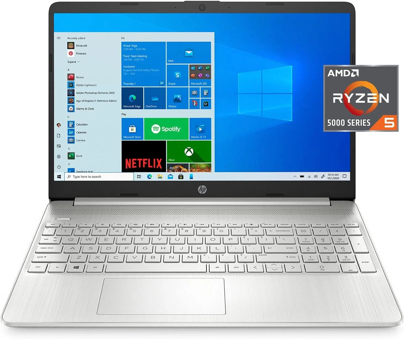 لپ تاپ باریک و سبک 15.6 اینچی FHD HP 2021، پردازنده 6 هسته ای AMD Ryzen 5 5500U، رم 8 گیگابایتی، SSD 256 گیگابایتی، HDMI، WiFi، بلوتوث، وب کم، ویندوز 10 هوم، نقره ای، همراه با فلش درایو 32 گیگابایتی IFT 15-Ryzen 5-5500