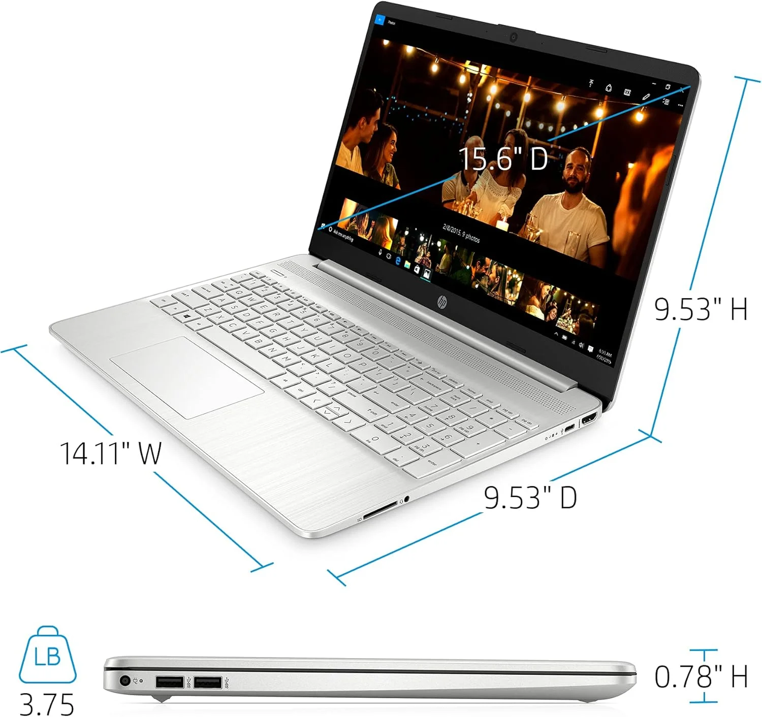 لپ تاپ باریک و سبک 15.6 اینچی FHD HP 2021، پردازنده 6 هسته ای AMD Ryzen 5 5500U، رم 8 گیگابایتی، SSD 256 گیگابایتی، HDMI، WiFi، بلوتوث، وب کم، ویندوز 10 هوم، نقره ای، همراه با فلش درایو 32 گیگابایتی IFT 15-Ryzen 5-5500