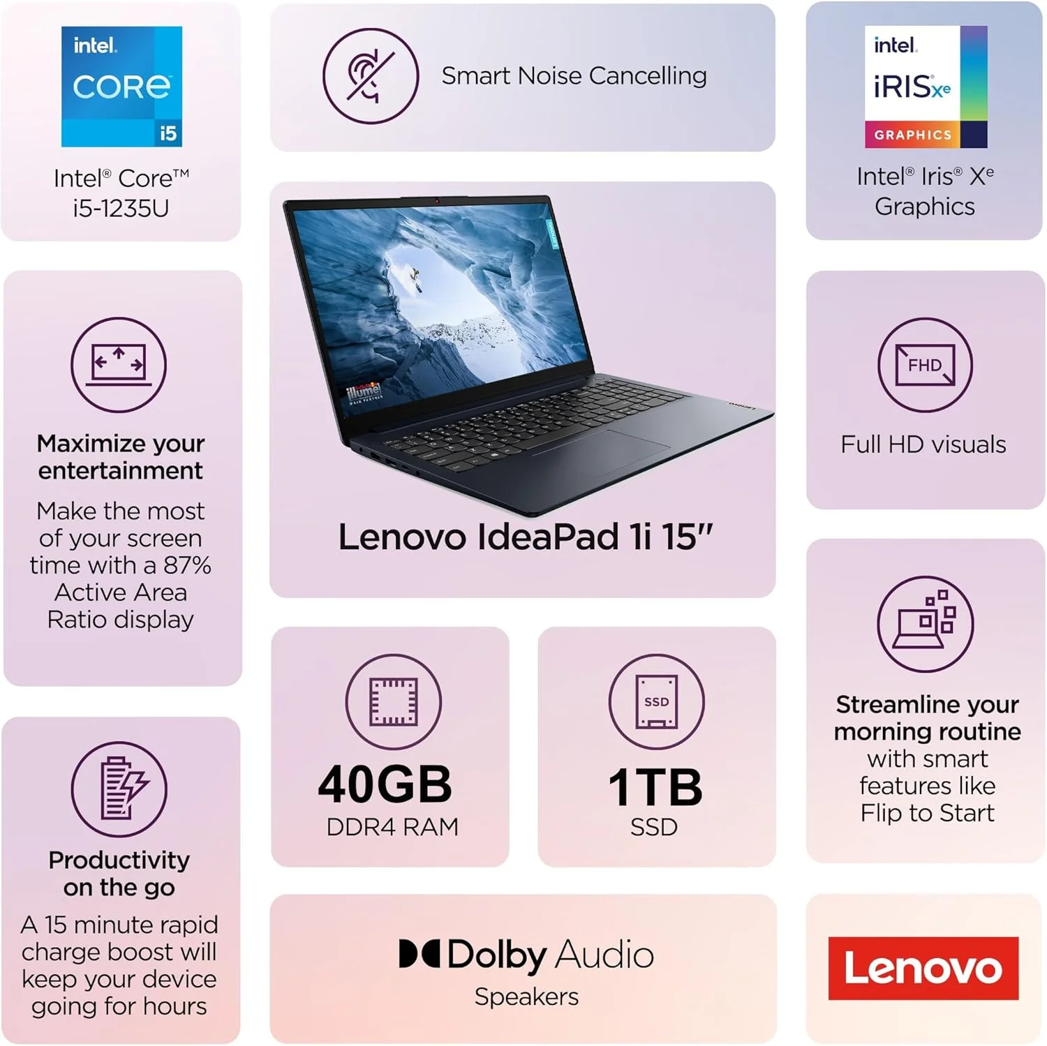 لپ تاپ لنوو IdeaPad (صفحه نمایش 15.6 اینچی FHD ضد تابش نور، پردازنده نسل دوازدهم Intel i5-1235U (بهتر از i7-1165G7)، رم 40 گیگابایتی، SSD 1 ترابایتی)، مناسب برای خانه، دانشجو، وب کم با شاتر، عمر باتری طولانی 10 ساعته، ویندوز 11 هوم در حالت S