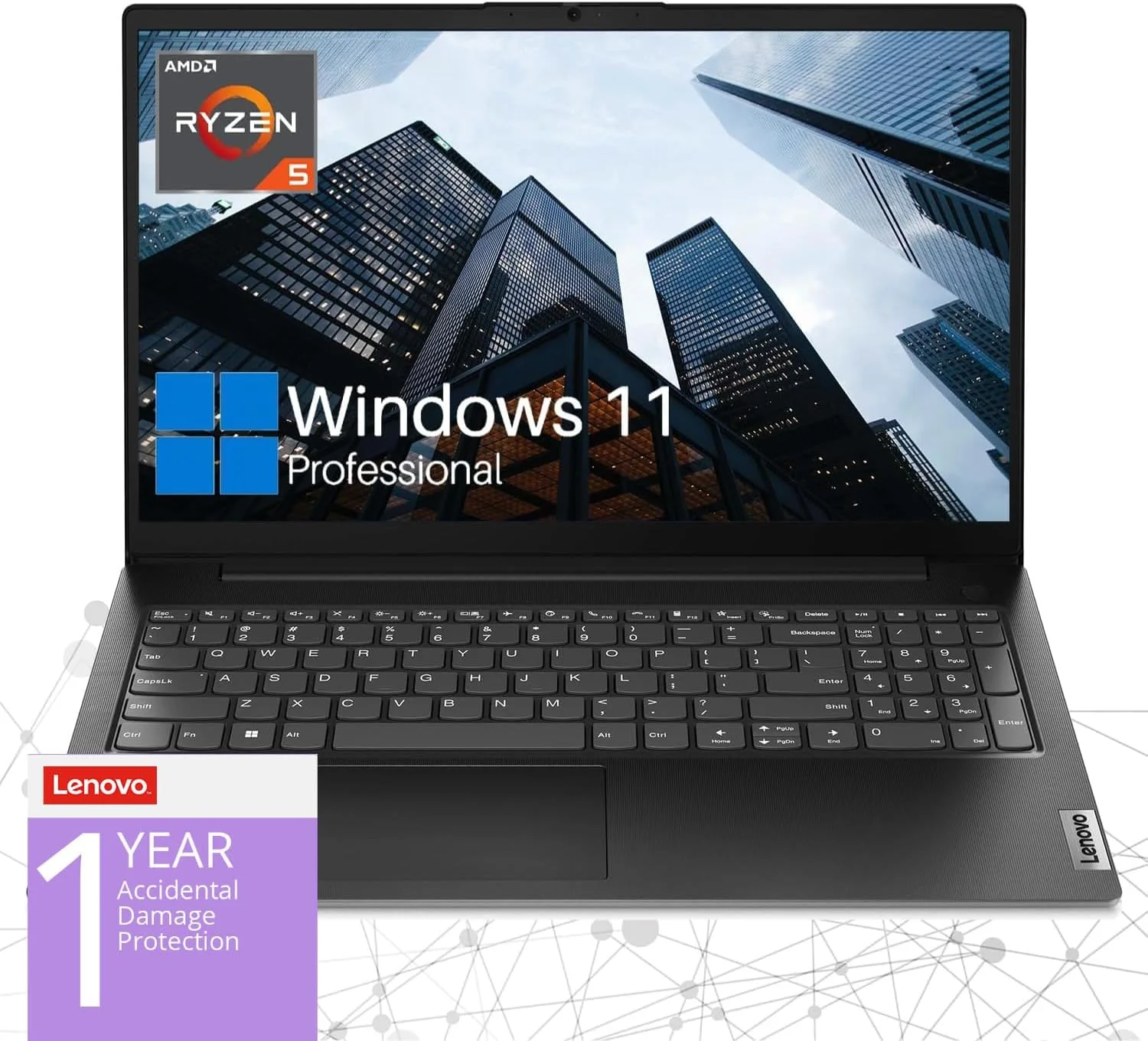 لپ تاپ تجاری لنوو V15 Gen 4، صفحه نمایش 15.6 اینچی FHD، پردازنده AMD Ryzen 5 5500U، رم 16 گیگابایتی، SSD 1 ترابایتی، وب کم، HDMI، Wi-Fi، ویندوز 11 پرو، مشکی