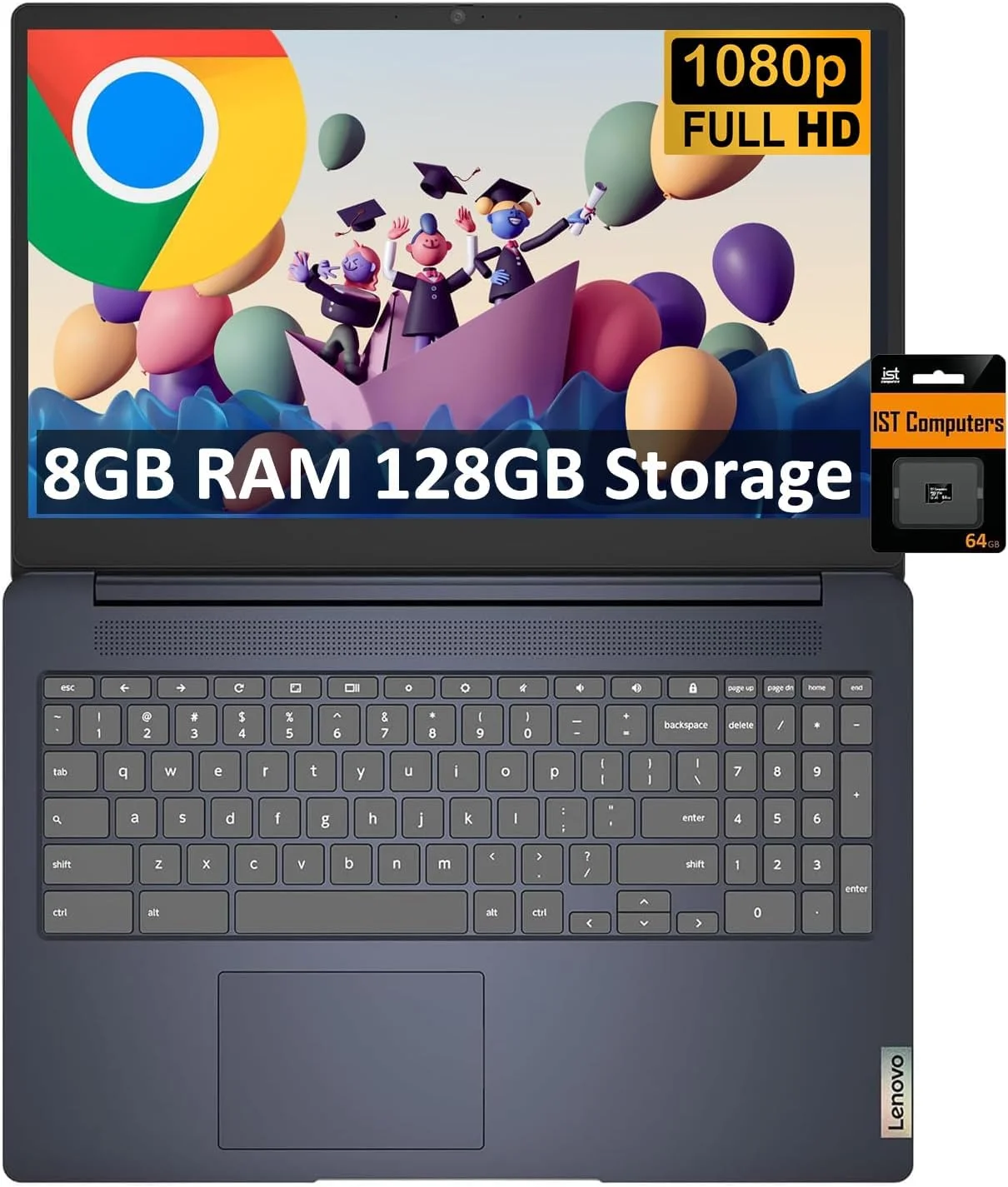 لپ تاپ Lenovo Chromebook 15 Ideapad 3i (صفحه نمایش 15.6 اینچی FHD، رم 8 گیگابایتی، حافظه 128 گیگابایتی (64 گیگابایت eMMC + 64 گیگابایت کارت SD)، پردازنده Intel Celeron)، لپ تاپ خانگی و دانشجویی، صفحه کلید عددی، وب کم، عمر باتری طولانی 10 ساعته، سیستم عامل Chrome، آبی تیره