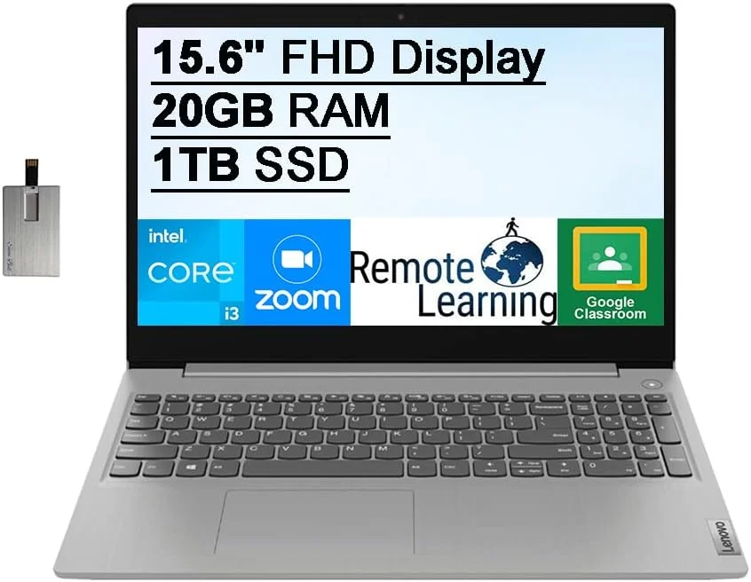 لپ تاپ 15.6 اینچی FHD لنوو IdeaPad، پردازنده نسل دوازدهم Intel Core i3-1205u، رم 20 گیگابایتی، SSD PCIe 1 ترابایتی، گرافیک Intel UHD، صدای Dolby، وب کم HD، بلوتوث، ویندوز 10S، خاکستری، کارت USB 32 گیگابایتی SnowBell