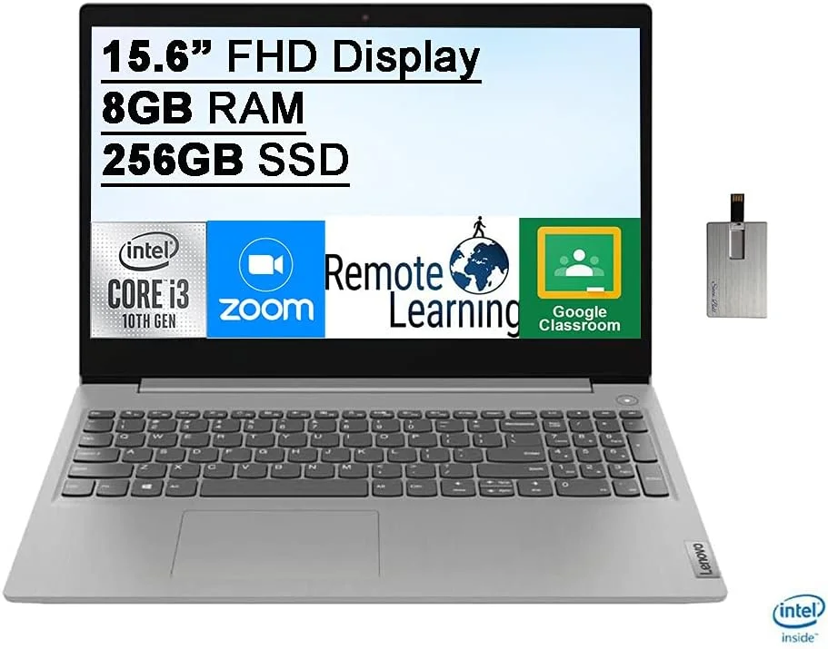 لپ تاپ 15.6 اینچی FHD لنوو IdeaPad 3، پردازنده نسل سیزدهم Intel Core i3-1305U، رم 8 گیگابایتی، SSD PCIe 256 گیگابایتی، گرافیک Intel، وب کم HD، HDMI، ویندوز 11، خاکستری، کارت USB 32 گیگابایتی SnowBell