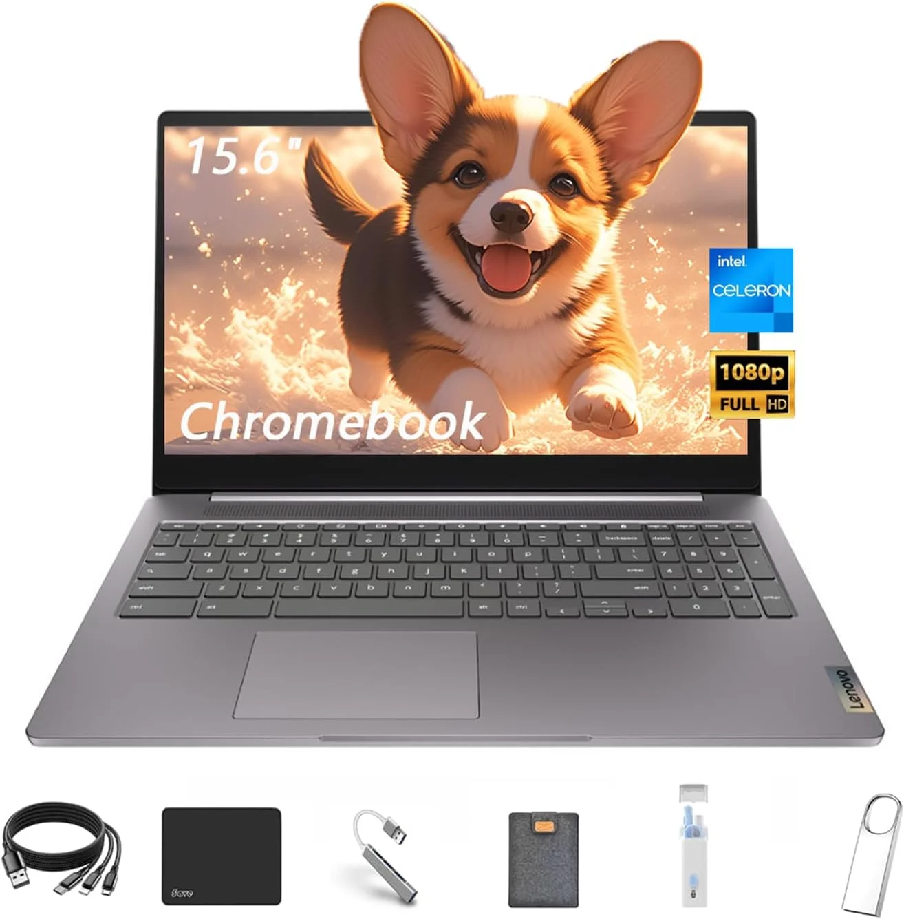 لپ تاپ Chromebook لنوو IdeaPad 3i با صفحه نمایش 15.6 اینچی FHD، پردازنده Intel Celeron N4500، گرافیک Intel UHD، رم 4 گیگابایتی، حافظه داخلی 64 گیگابایتی eMMC، HDMI، بلوتوث، سیستم عامل Chrome، رنگ خاکستری قطبی، همراه با کیت لوازم جانبی 6 در 1