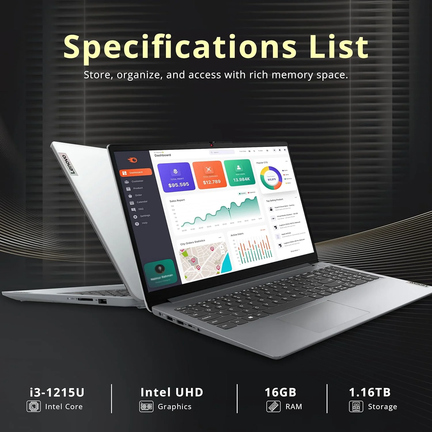 لپ تاپ لمسی 15.6 اینچی FHD لنوو IdeaPad 1i، پردازنده Intel i3-1215U، رم 16 گیگابایتی، حافظه 1.16 ترابایتی (1 ترابایت SSD + مجموعه داک استیشن 160 گیگابایتی)، گرافیک Intel UHD، وب کم، Dolby Audio، WiFi 6، ویندوز 11، خاکستری
