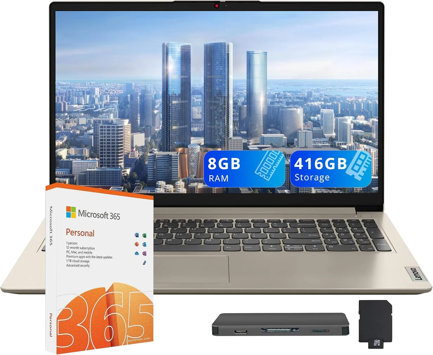 لپ تاپ 15.6 اینچی HD لنوو IdeaPad 1، پردازنده Intel Celeron N4500، رم 8 گیگابایتی، 128 گیگابایت SSD + 128 گیگابایت eMMC، گرافیک Intel UHD، Copilot، صفحه کلید اعداد، وب کم، 1 سال آفیس 365، ویندوز 11، ماسه ای، مجموعه داک استیشن 160 گیگابایتی