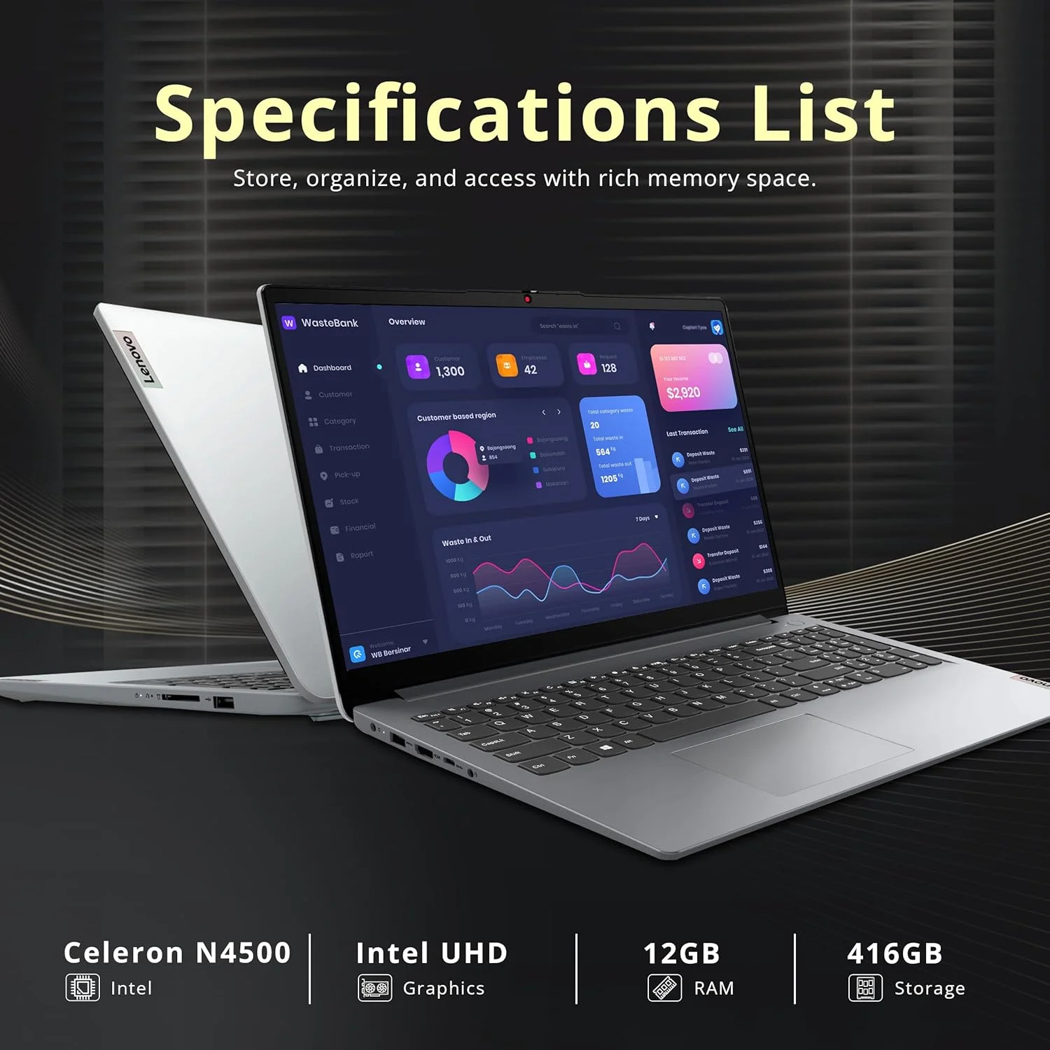 لپ تاپ 15.6 اینچی HD ضد تابش نور لنوو Ideapad 1، پردازنده Intel Celeron N4500، رم 12 گیگابایتی، حافظه 416 گیگابایتی (256 گیگابایت SSD + مجموعه داک استیشن 160 گیگابایتی)، گرافیک Intel UHD، صفحه کلید اعداد، وب کم، ویندوز 11s، خاکستری لپ تاپ 15.6 اینچی HD ضد تابش نور لنوو Ideapad 1، پردازنده Intel Celeron N4500، رم 12 گیگابایتی، حافظه 416 گیگابایتی (256 گیگابایت SSD + مجموعه داک استیشن 160 گیگابایتی)، گرافیک Intel UHD، صفحه کلید اعداد، وب کم، ویندوز 11s، خاکستری