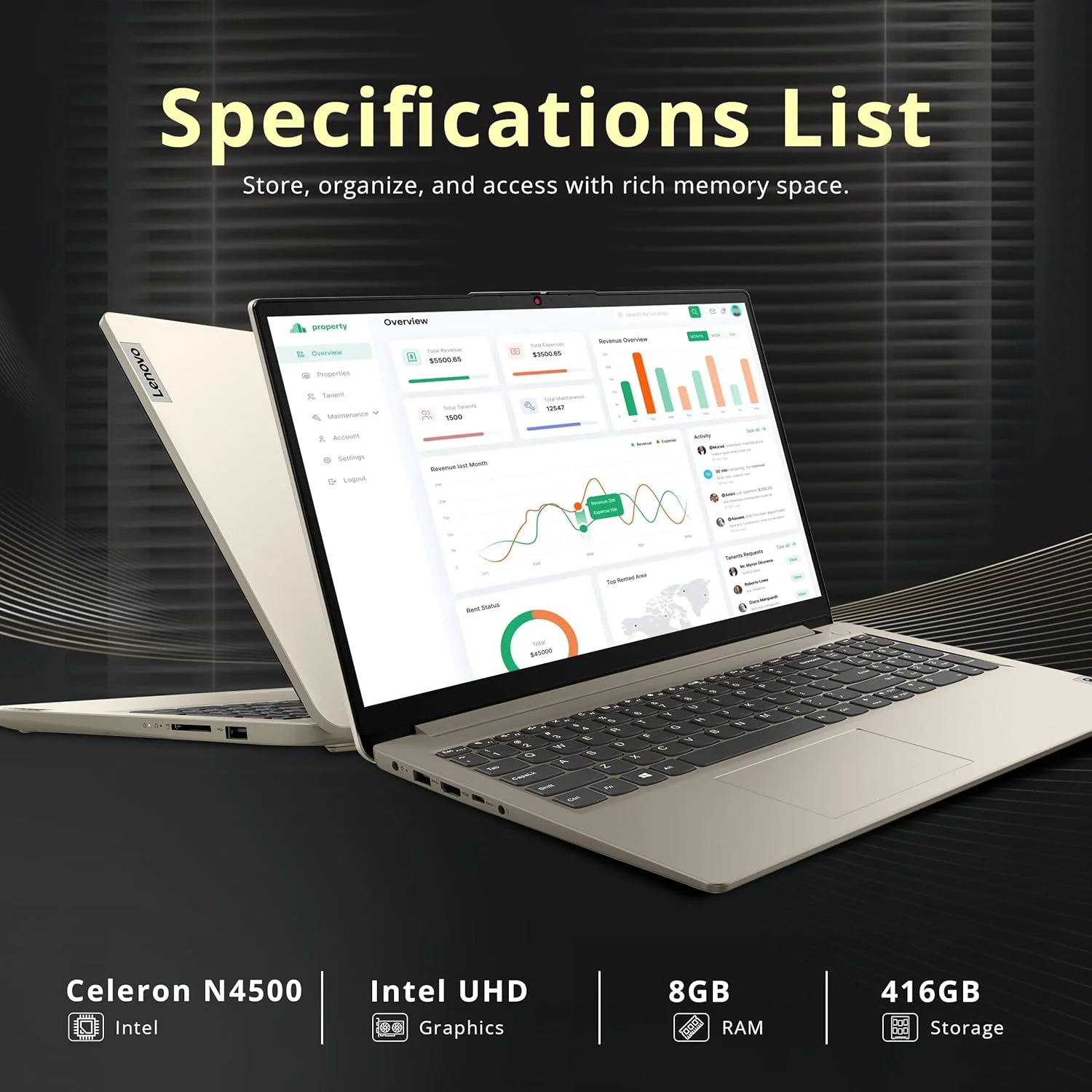 لپ تاپ 15.6 اینچی HD لنوو IdeaPad 1، پردازنده Intel Celeron N4500، رم 8 گیگابایتی، 128 گیگابایت SSD + 128 گیگابایت eMMC، گرافیک Intel UHD، Copilot، صفحه کلید اعداد، وب کم، 1 سال آفیس 365، ویندوز 11، ماسه ای، مجموعه داک استیشن 160 گیگابایتی لپ تاپ 15.6 اینچی HD لنوو IdeaPad 1، پردازنده Intel Celeron N4500، رم 8 گیگابایتی، 128 گیگابایت SSD + 128 گیگابایت eMMC، گرافیک Intel UHD، Copilot، صفحه کلید اعداد، وب کم، 1 سال آفیس 365، ویندوز 11، ماسه ای، مجموعه داک استیشن 160 گیگابایتی
