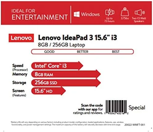 لپ تاپ لنوو IdeaPad 3 15.6 اینچی HD مدل 2020، پردازنده Intel Core i3-1005G1 نسل دهم، 8 گیگابایت رم DDR4، 256 گیگابایت SSD، دوربین، WiFi، بلوتوث (پردازنده Core i3-1005G1 نسل دهم)