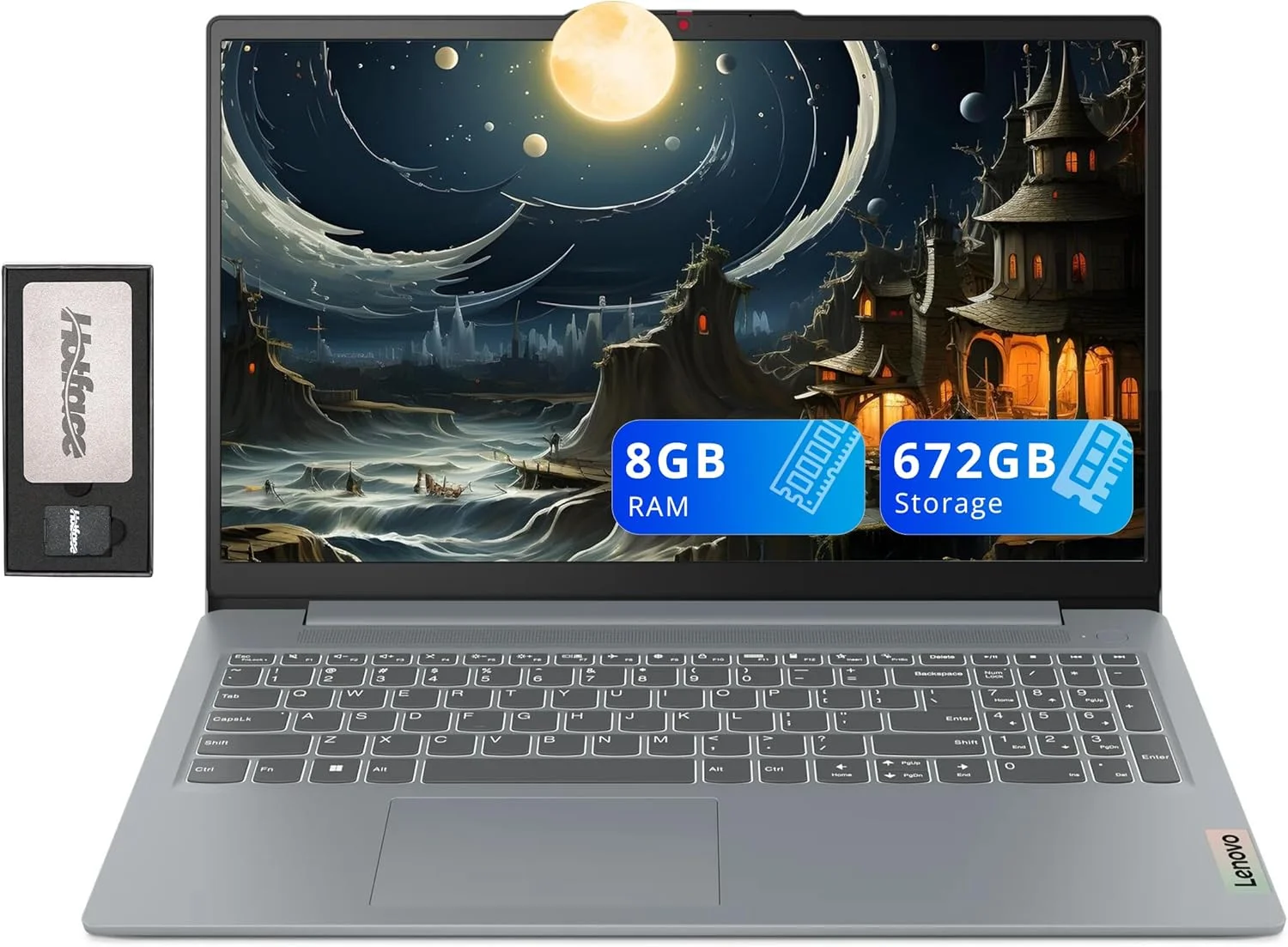 لپ تاپ 15.6 اینچی FHD ضد انعکاس نور Lenovo IdeaPad Slim 3، پردازنده Intel i3-N305، رم 8 گیگابایتی LPDDR5، حافظه 672 گیگابایتی (512 گیگابایت SSD + مجموعه داکینگ استیشن 160 گیگابایتی)، صفحه کلید اعداد، دوربین HD، Dolby Audio، WiFi 6، ویندوز 11، خاکستری
