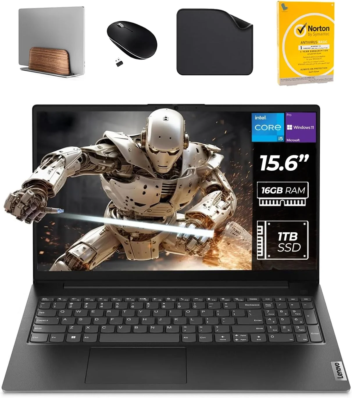 لپ تاپ تجاری جدید Lenovo v15 Gen 4، صفحه نمایش 15.6 اینچی FHD، نسل سیزدهم Intel i5-13420H، ویندوز 11 پرو، وب کم، WiFi، مشکی - به همراه پایه لپ تاپ، ماوس، آنتی ویروس و پد (رم 16 گیگابایت | 1 ترابایت SSD)