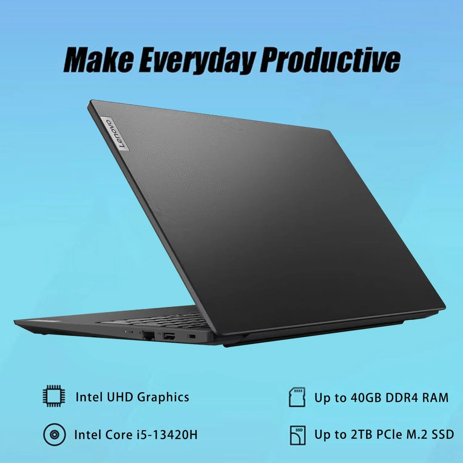 لپ تاپ جدید لنوو V15 Gen 4، صفحه نمایش 15.6 اینچی FHD، پردازنده Intel Core i5-13420H (بهتر از i7-1355U)، رم 40 گیگابایتی، SSD 1 ترابایتی، HDMI، RJ45، صفحه کلید عددی، وب کم، Wi-Fi، ویندوز 11 هوم، مشکی
