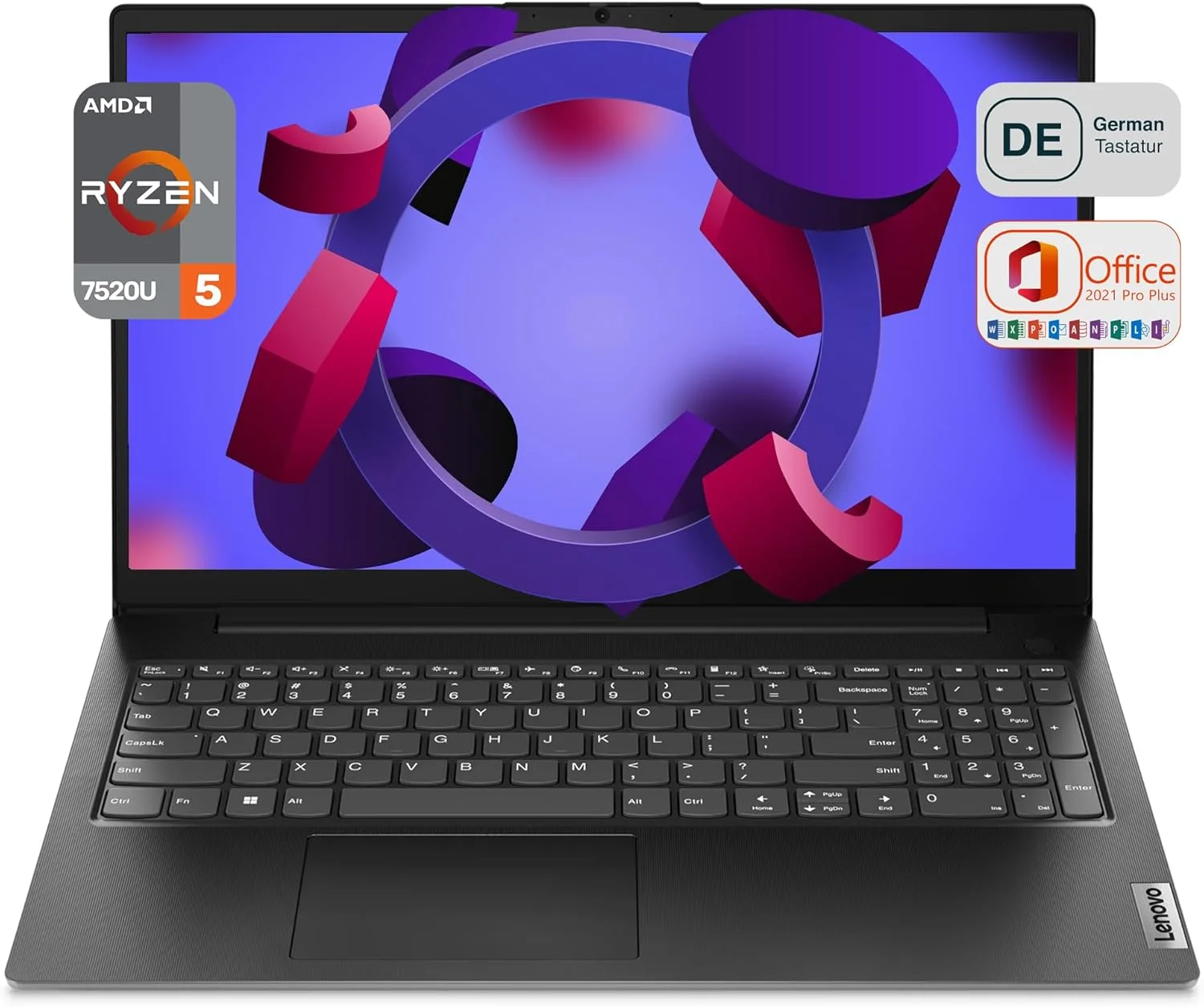 لپ تاپ Lenovo V15 G4، پردازنده AMD Ryzen 5 7520U، رم 16 گیگابایتی DDR4، حافظه SSD PCIe 2 ترابایتی، صفحه نمایش 15.6 اینچی FHD، کارت گرافیک AMD Radeon 610M، کیبورد QWERTZ، ویندوز 11 پرو، آفیس 2021، مشکی