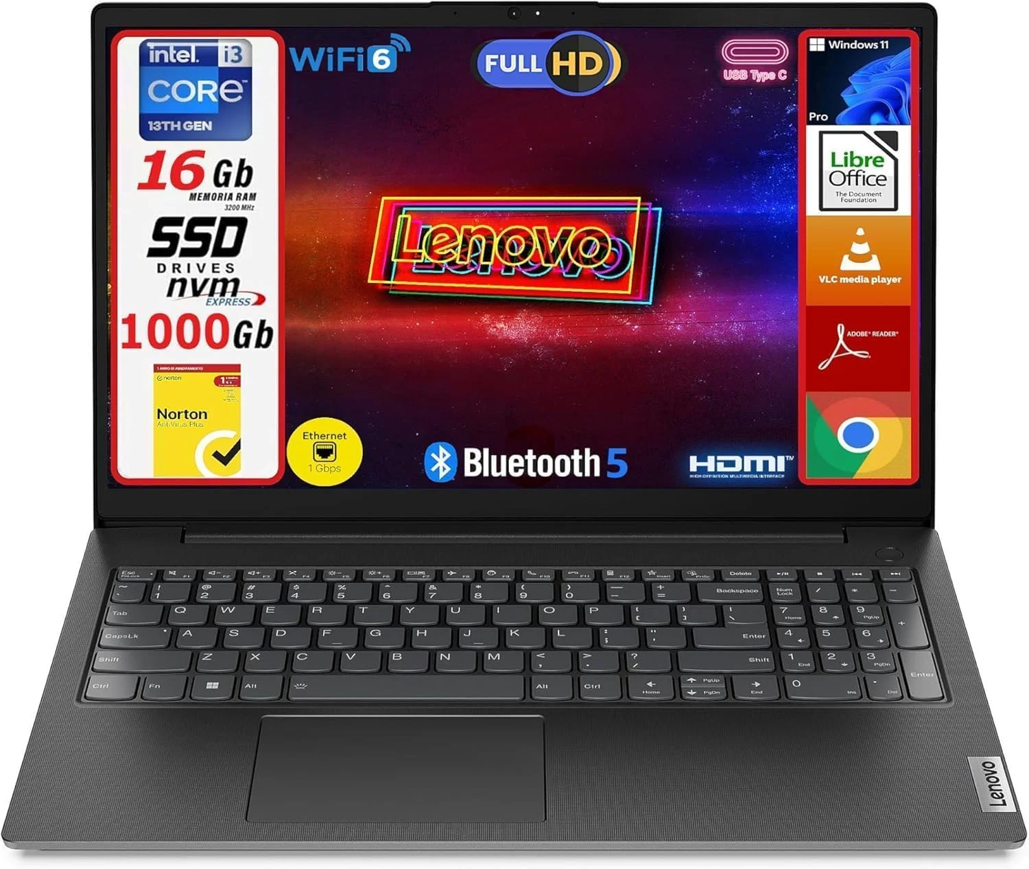 لپ تاپ لنوو V15 G4، پردازنده نسل سیزدهم Intel i3، صفحه نمایش 15.6 اینچی Full HD، رم 16 گیگابایتی DDR4 3200MHz، حافظه SSD NVMe 1000 گیگابایتی (1 ترابایتی)، ویندوز 11 پرو، آنتی ویروس Norton AntiVirus Plus (1 ساله) - لپ تاپ آماده استفاده