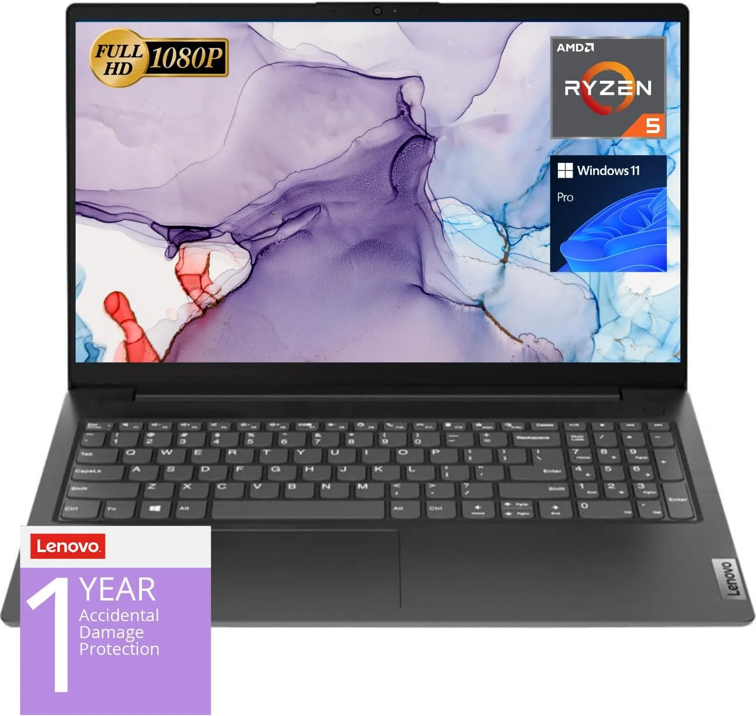 لپ تاپ لنوو V15، صفحه نمایش 15.6 اینچی FHD، پردازنده شش هسته ای AMD Ryzen 5 5500U (بهتر از Intel i7-1065G7)، رم 40 گیگابایتی، SSD 1 ترابایتی، HDMI، RJ45، صفحه کلید عددی، Wi-Fi، ویندوز 11 پرو، مشکی
