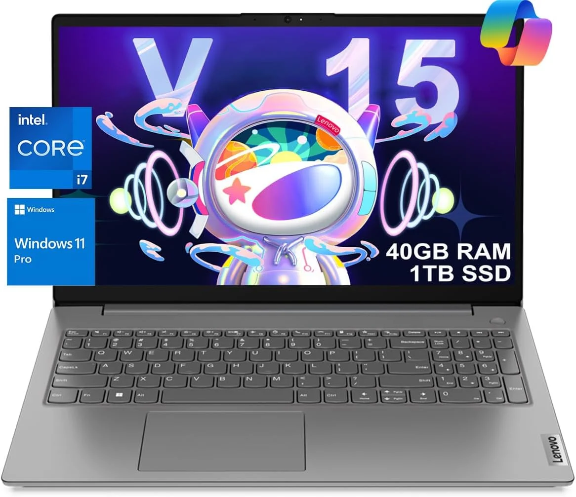 لپ تاپ لنوو V15 مناسب برای کسب و کار، خانه، دانشجو (15.6 اینچ FHD ضد تابش نور، Intel i7-1255U، 40 گیگابایت رم، 1 ترابایت SSD)، صفحه کلید عددی، وب کم با شاتر، Type-C، RJ-45، Wi-Fi، Win 11 Pro با هوش مصنوعی Copilot، خاکستری