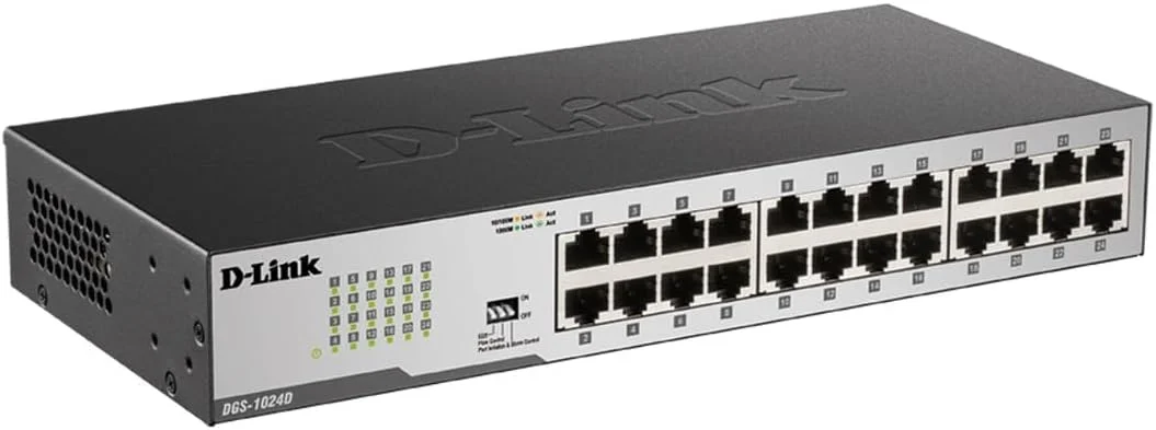 سوئیچ اترنت D-Link، هاب شبکه 24 پورت گیگابیتی غیر مدیریتی بدون فن، قابل نصب روی میز یا رک (DGS-1024D)، مشکی