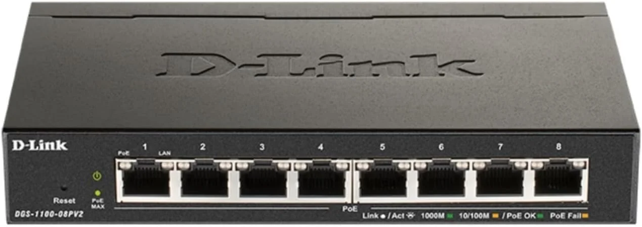 سوئیچ PoE اترنت D-Link، 8 پورت مدیریت شده هوشمند با بودجه PoE 64 واتی، شبکه لایه 2 گیگابیتی اینترنت بی سیم (DGS-1100-08PV2)