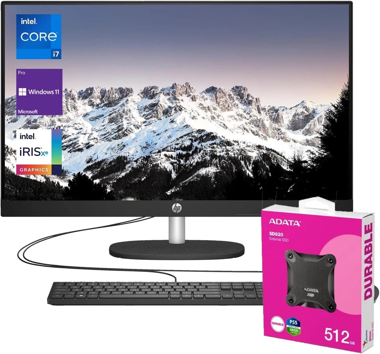 کامپیوتر همه کاره HP Business 27 اینچی با پردازنده نسل سیزدهم i7، صفحه نمایش FHD، رم 32 گیگابایتی، حافظه SSD 1 ترابایتی، دوربین IR، پورت RJ-45، Wi-Fi 6، کیبورد و ماوس سیمی، ویندوز 11 پرو، مشکی، به همراه بسته SSD اکسترنال 512 گیگابایتی Adata