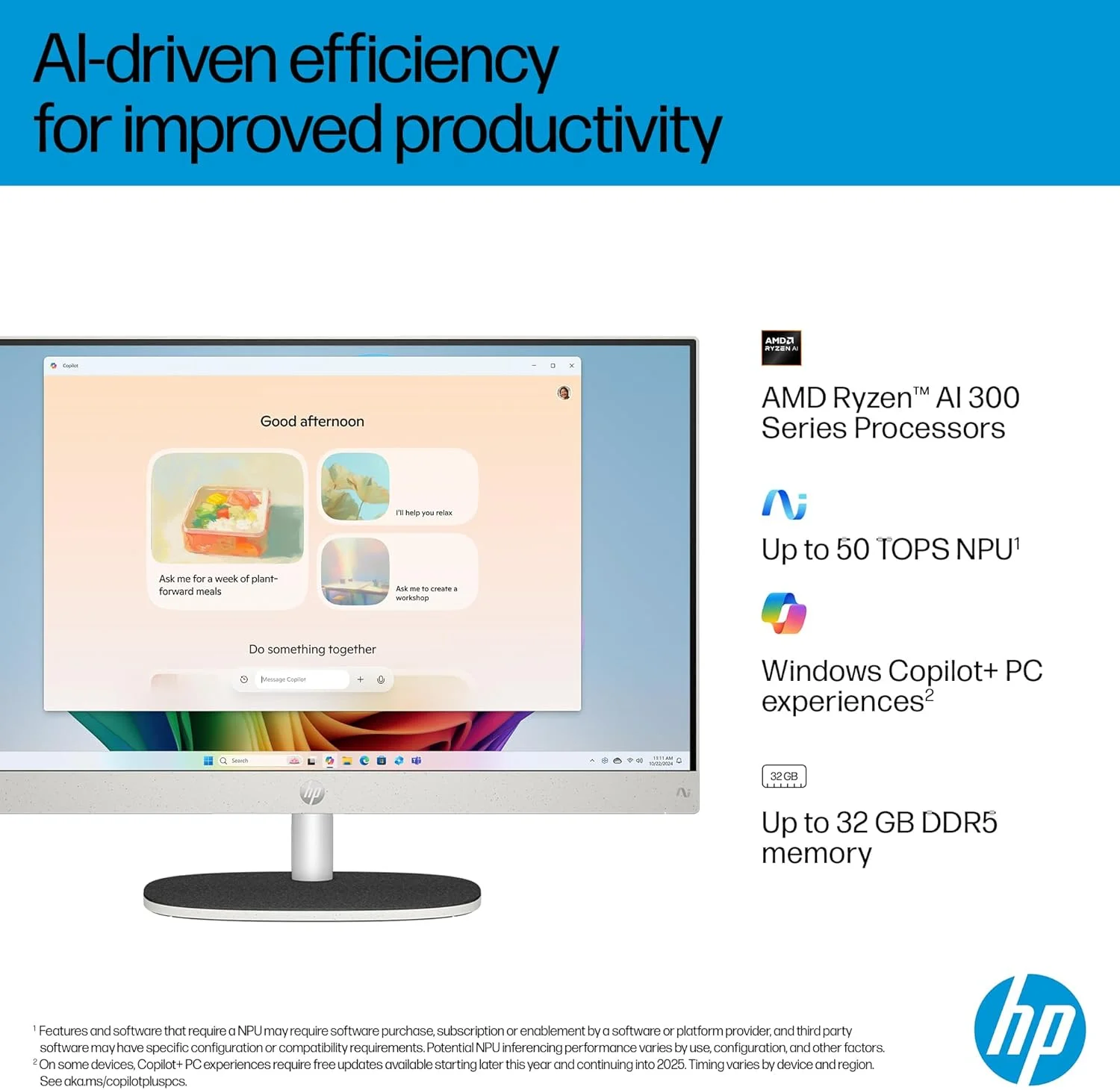 کامپیوتر همه کاره HP مدل All-in-One Desktop AI 27-cr2000ne، صفحه نمایش 27 اینچی FHD، پردازنده Intel® Core™ Ultra 7-255U، رم 16 گیگابایتی DDR5، حافظه SSD 1 ترابایتی، Intel® AI Boost (12 NPU TOPS)، صفحه کلید انگلیسی/عربی، ویندوز 11، سفید صدفی [BZ6J2EA]